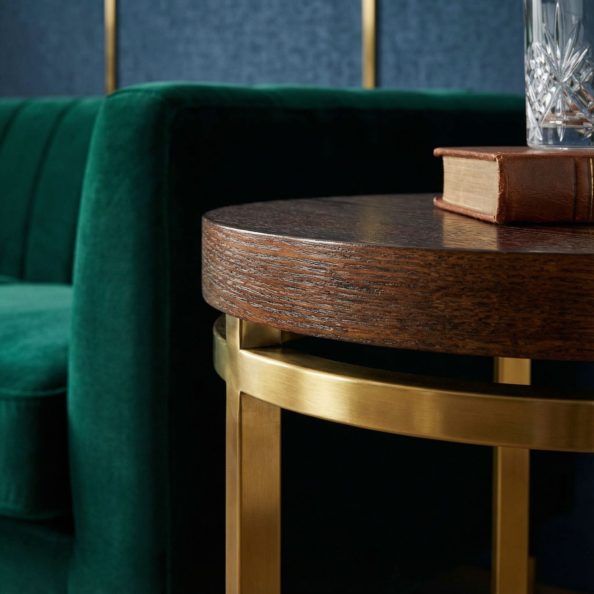 Cortesi Home Kufu Round Side Table in Gold Stainless Steel and Wood Top, 14" Round