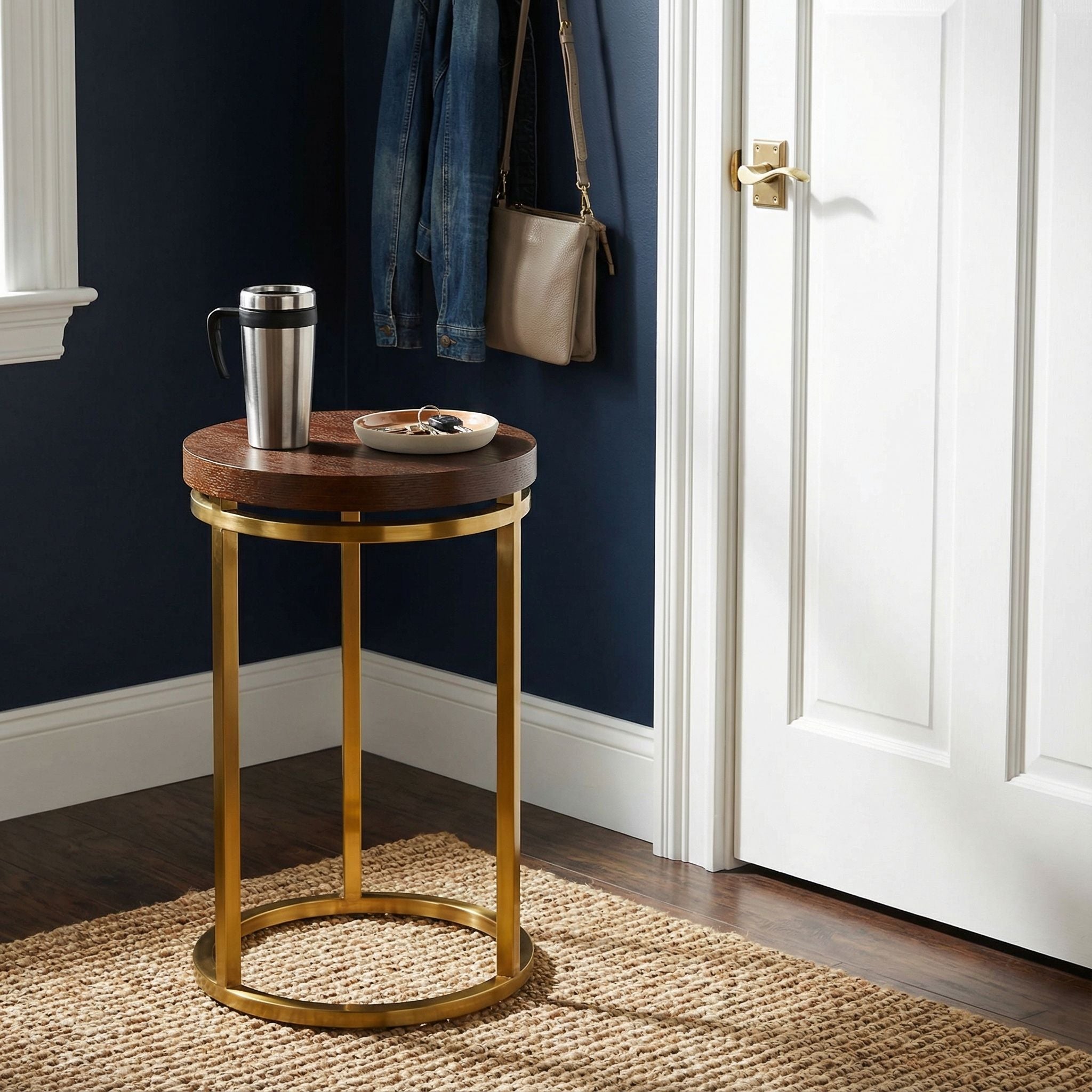 Cortesi Home Kufu Round Side Table in Gold Stainless Steel and Wood Top, 14" Round