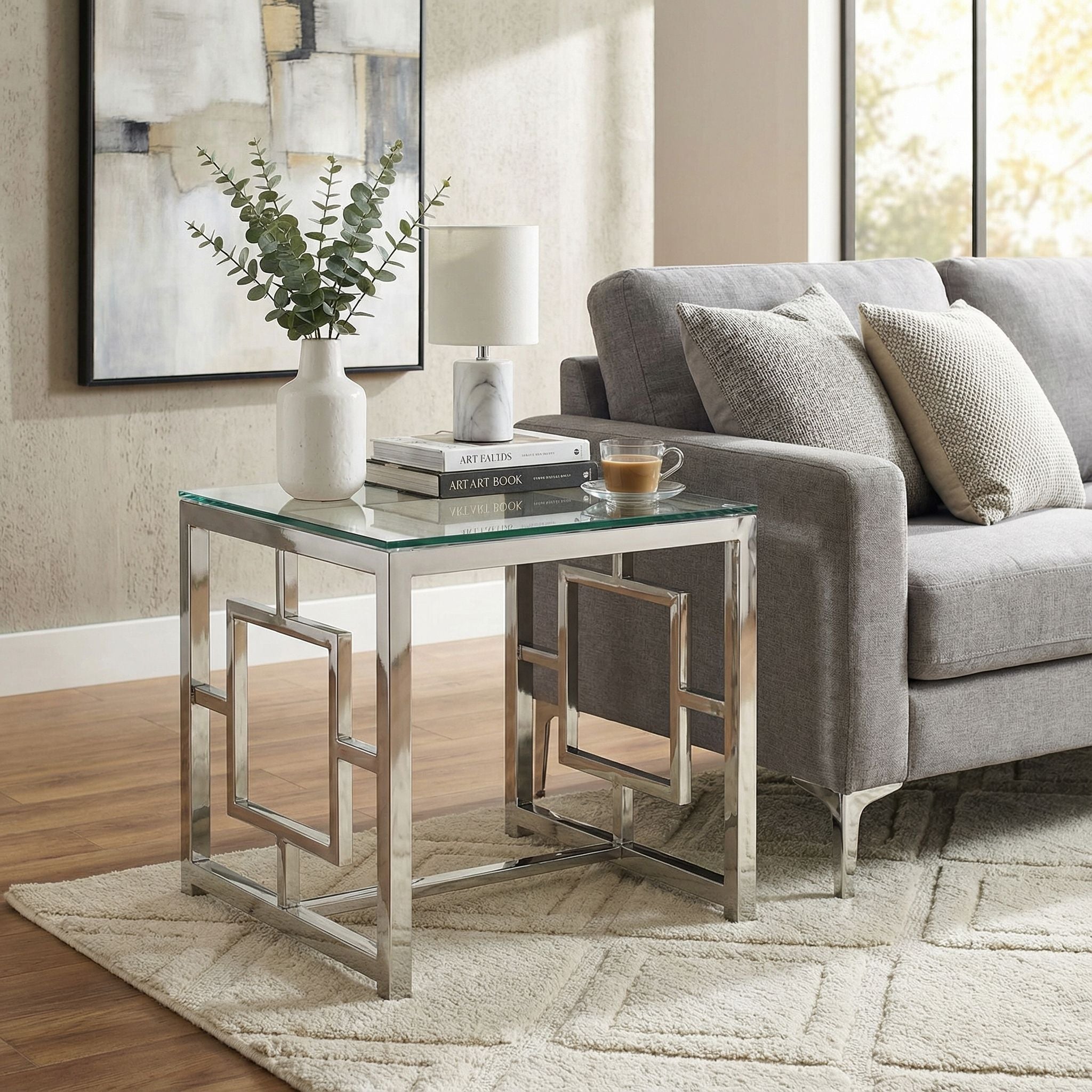 Kamdyn Square Contemporary End Table, Metal & Glass