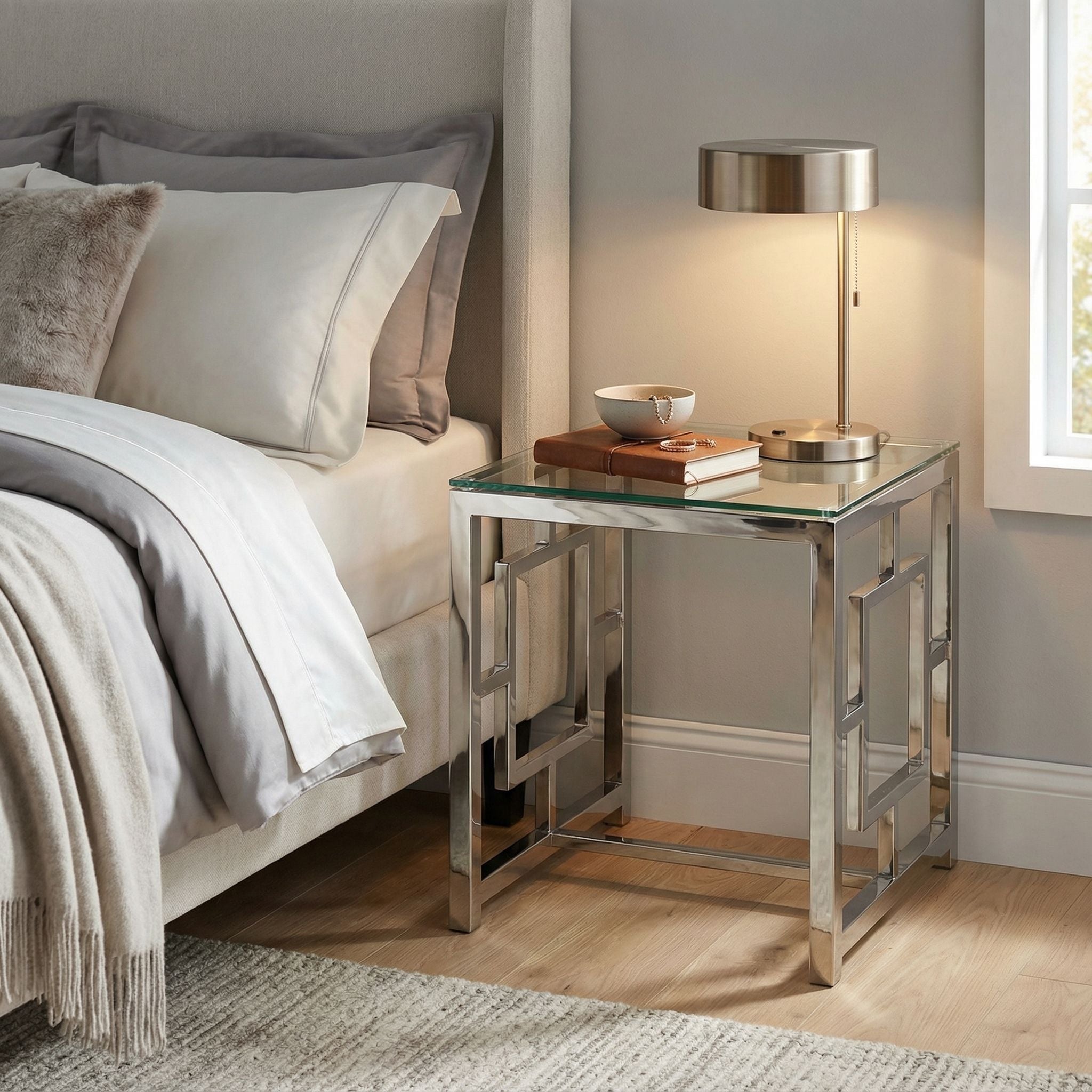Kamdyn Square Contemporary End Table, Metal & Glass
