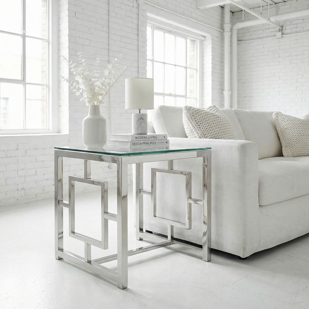 Kamdyn Square Contemporary End Table, Metal & Glass