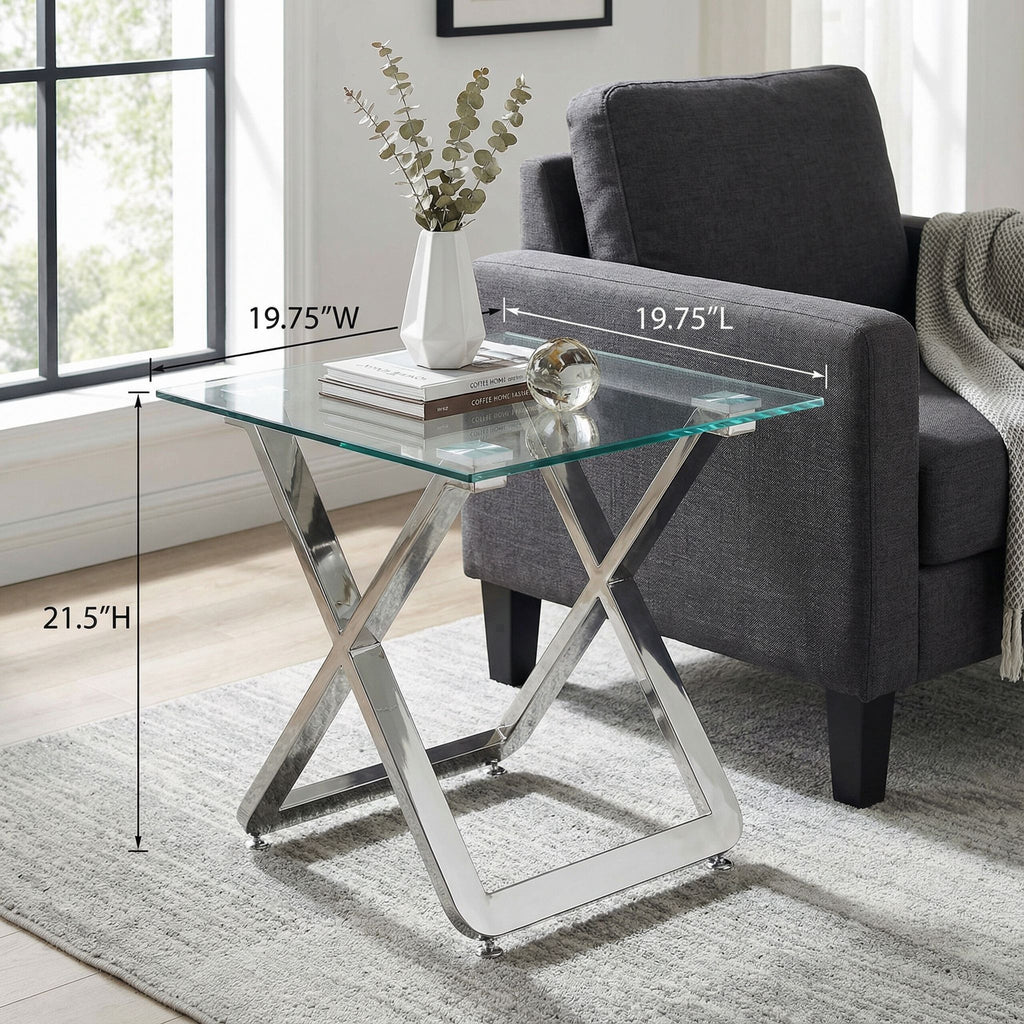 Axe Clear Glass and Metal Square End Table