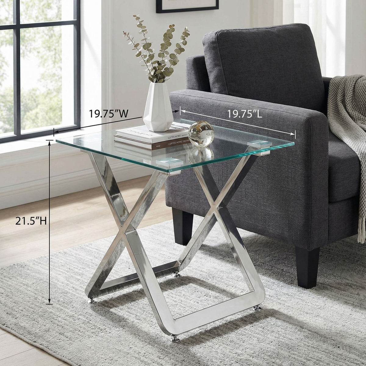 Axe Clear Glass and Metal Square End Table