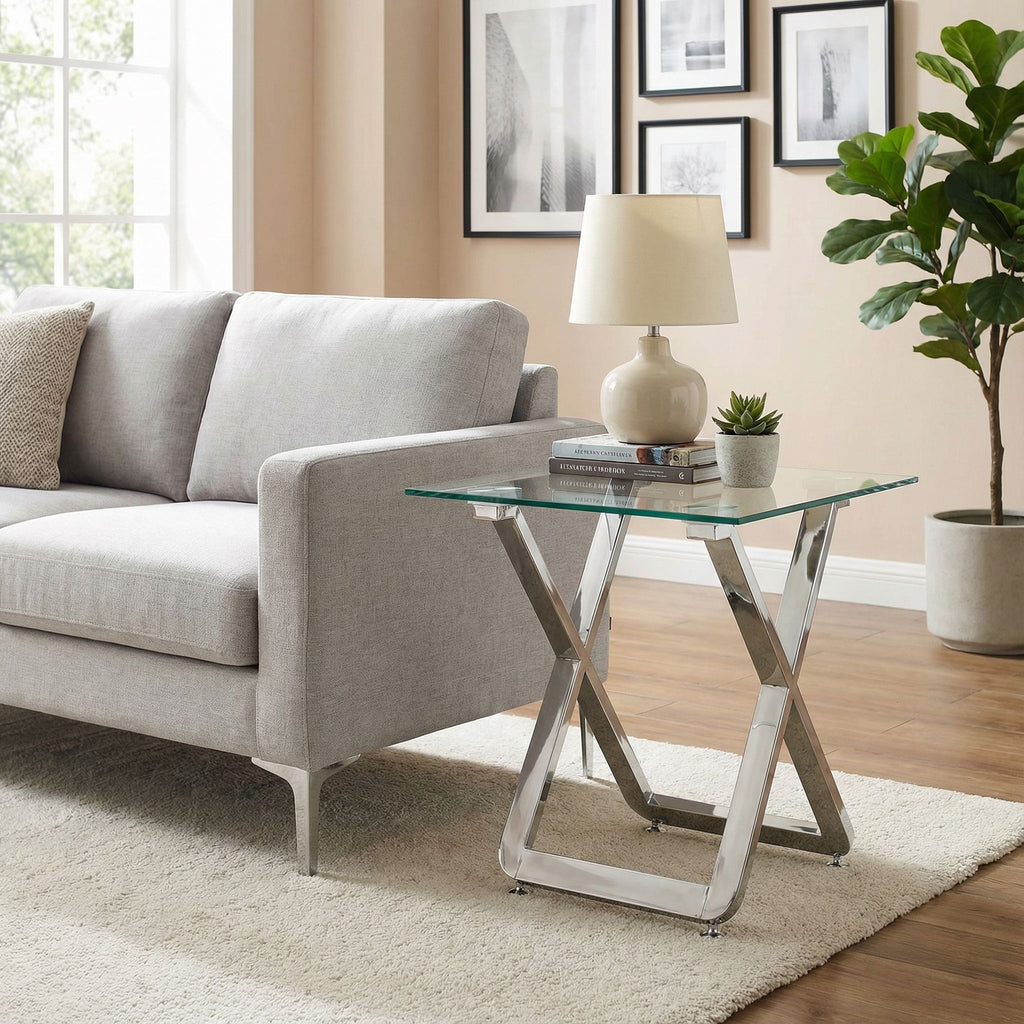 Axe Clear Glass and Metal Square End Table