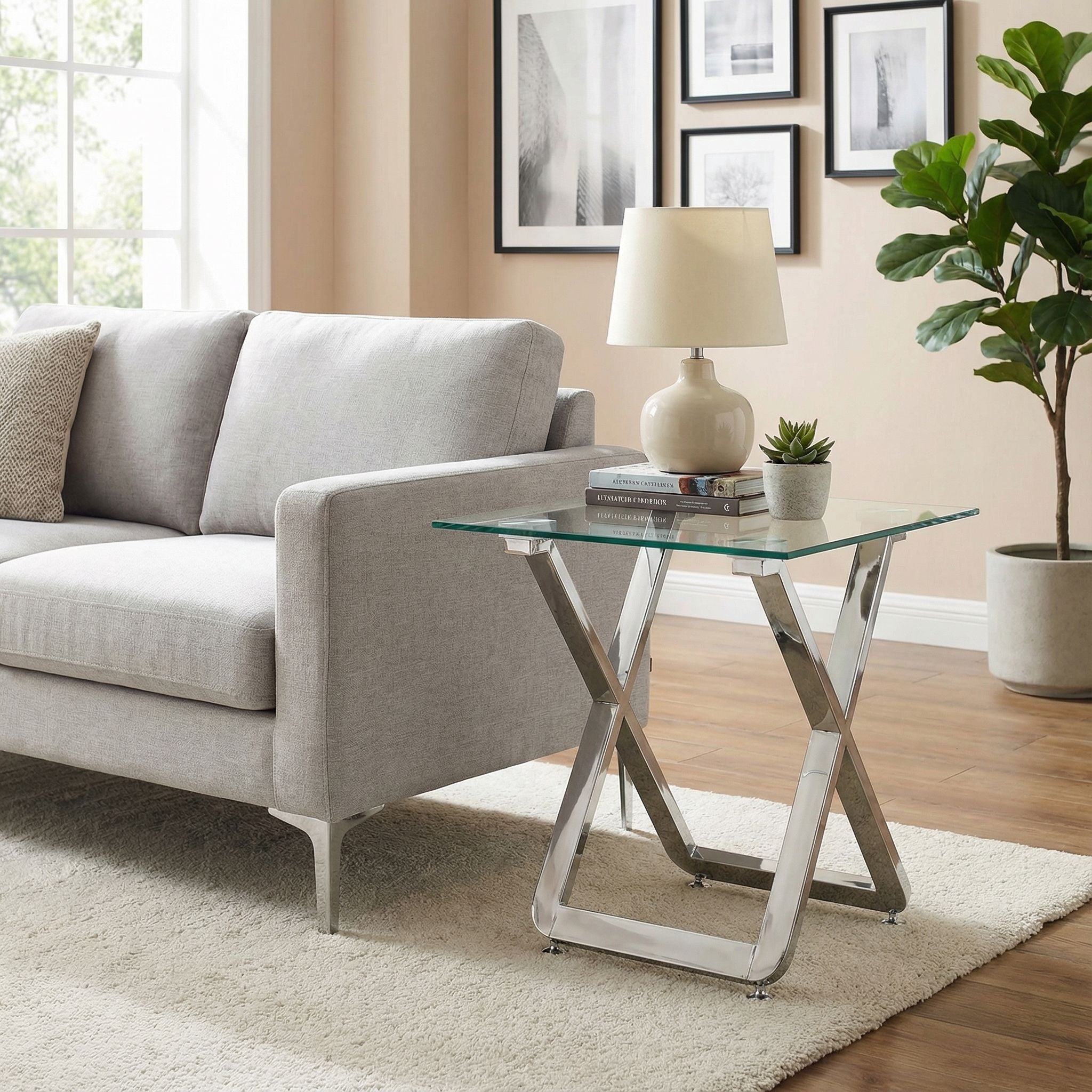 Axe Clear Glass and Metal Square End Table