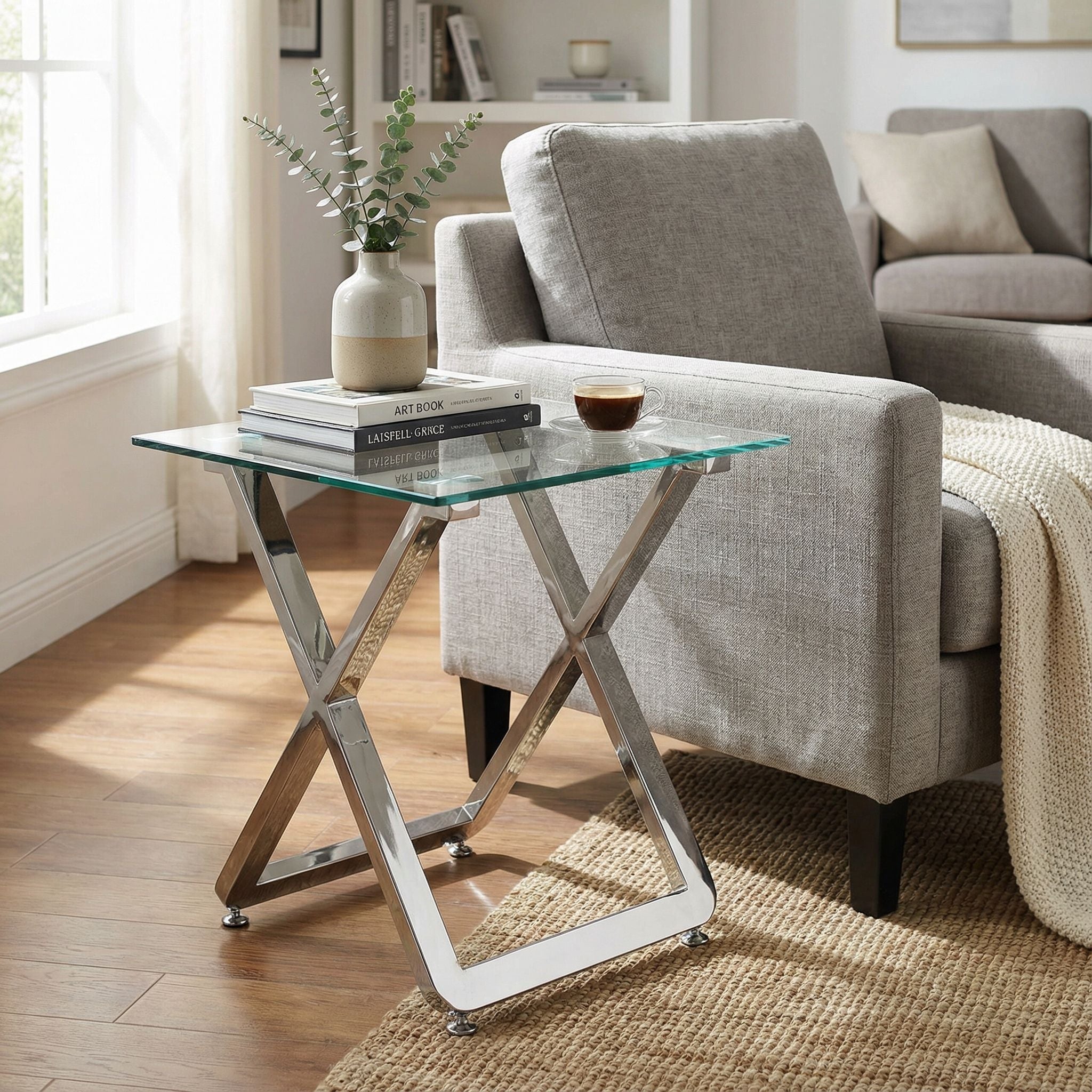 Axe Clear Glass and Metal Square End Table