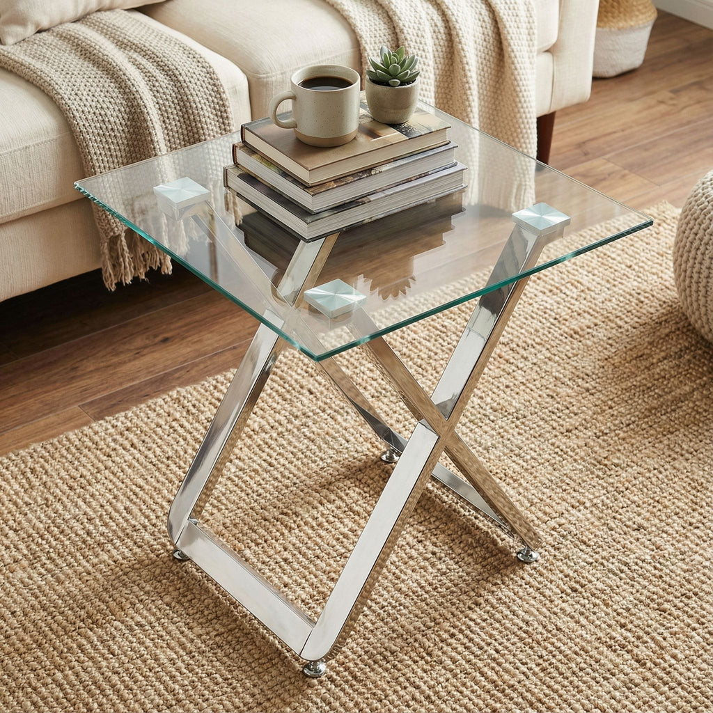 Axe Clear Glass and Metal Square End Table