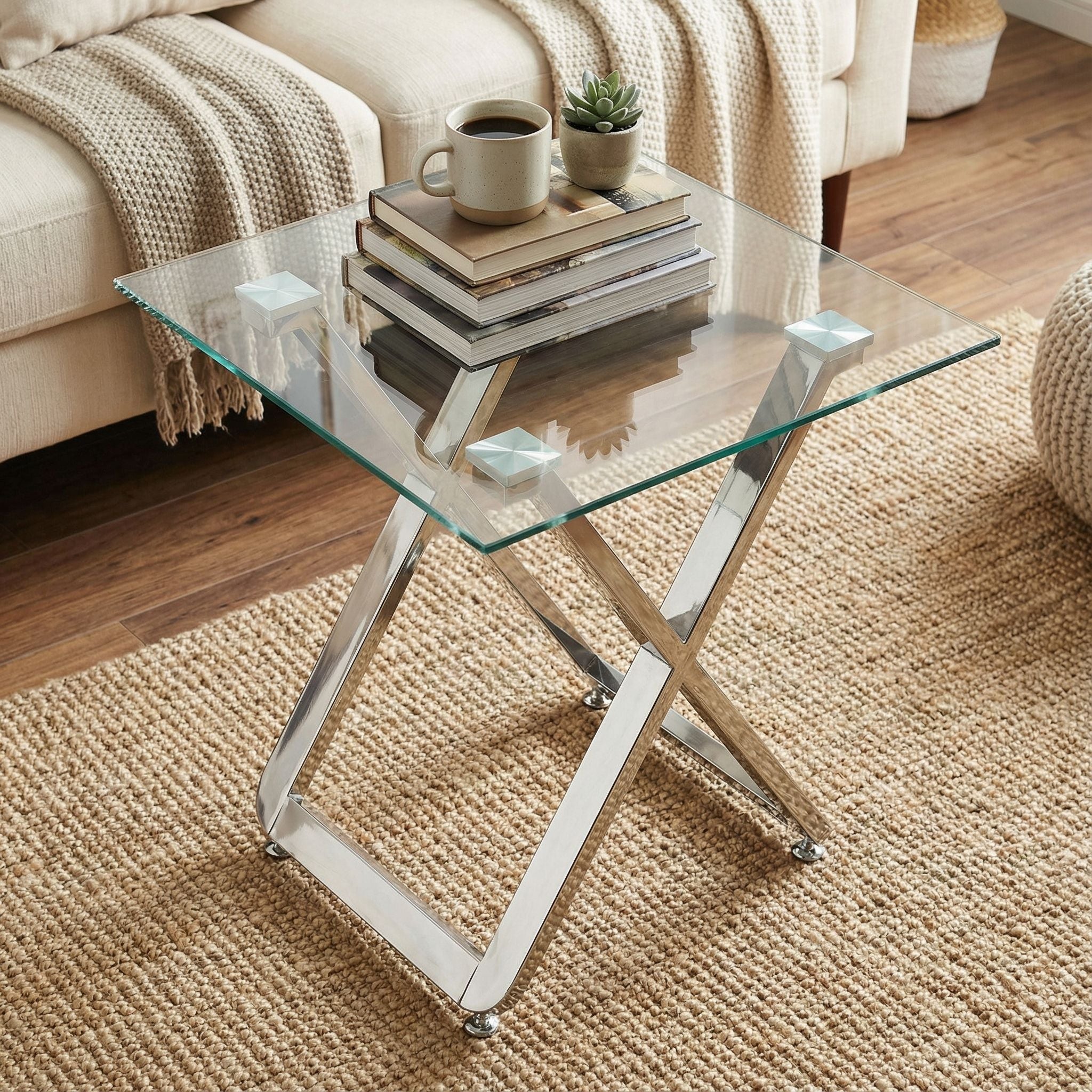 Axe Clear Glass and Metal Square End Table