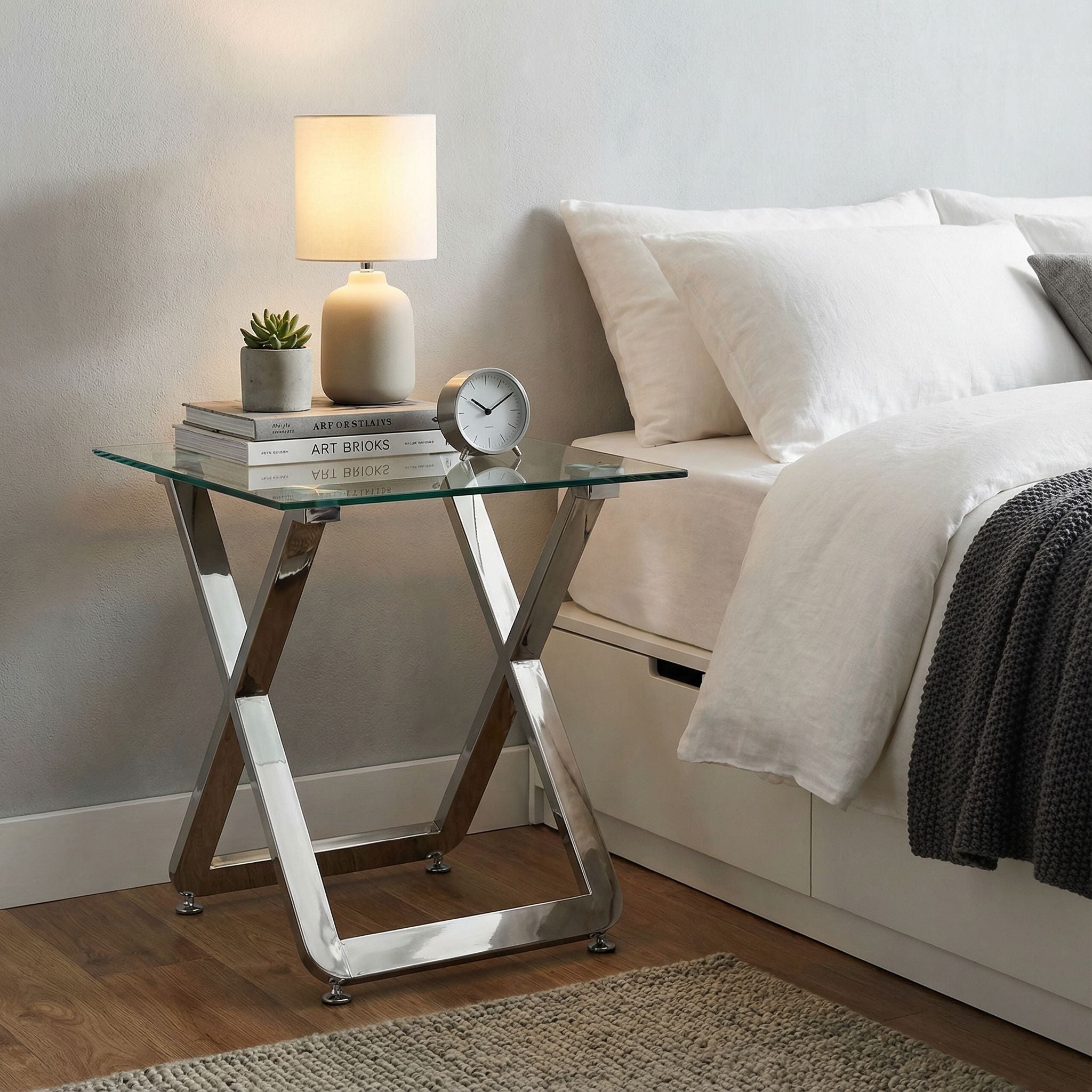 Axe Clear Glass and Metal Square End Table