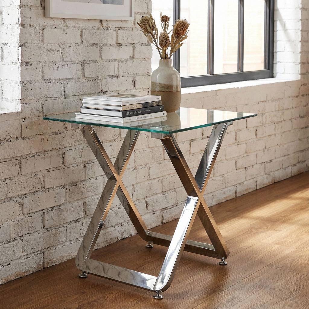 Axe Clear Glass and Metal Square End Table