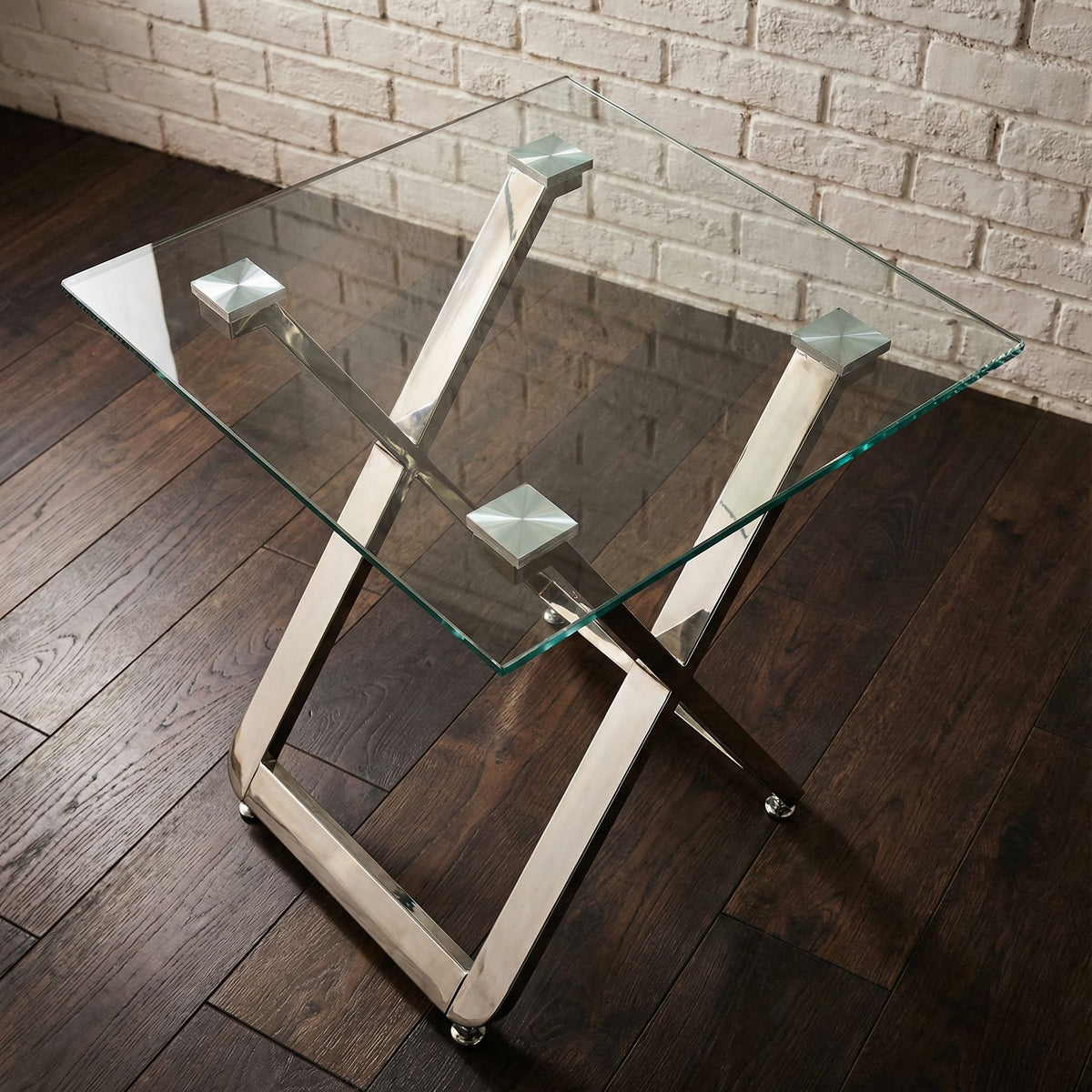 Axe Clear Glass and Metal Square End Table