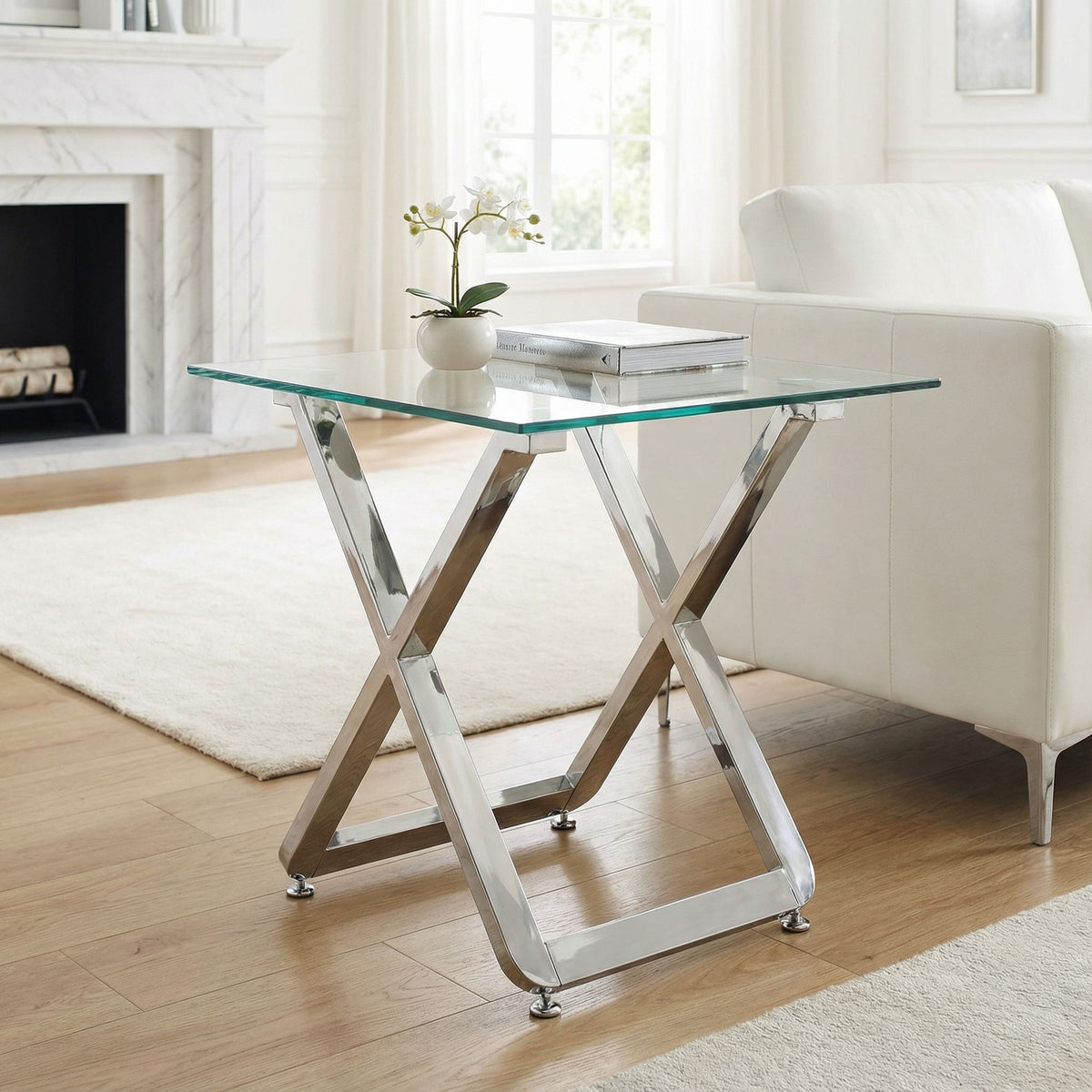 Axe Clear Glass and Metal Square End Table