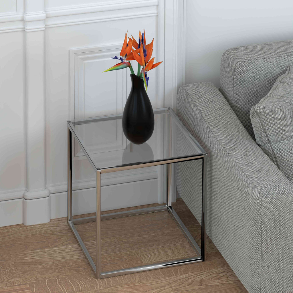 Cortesi Home Kent End Table, Stainless Steel with Glass Top, Square 22"