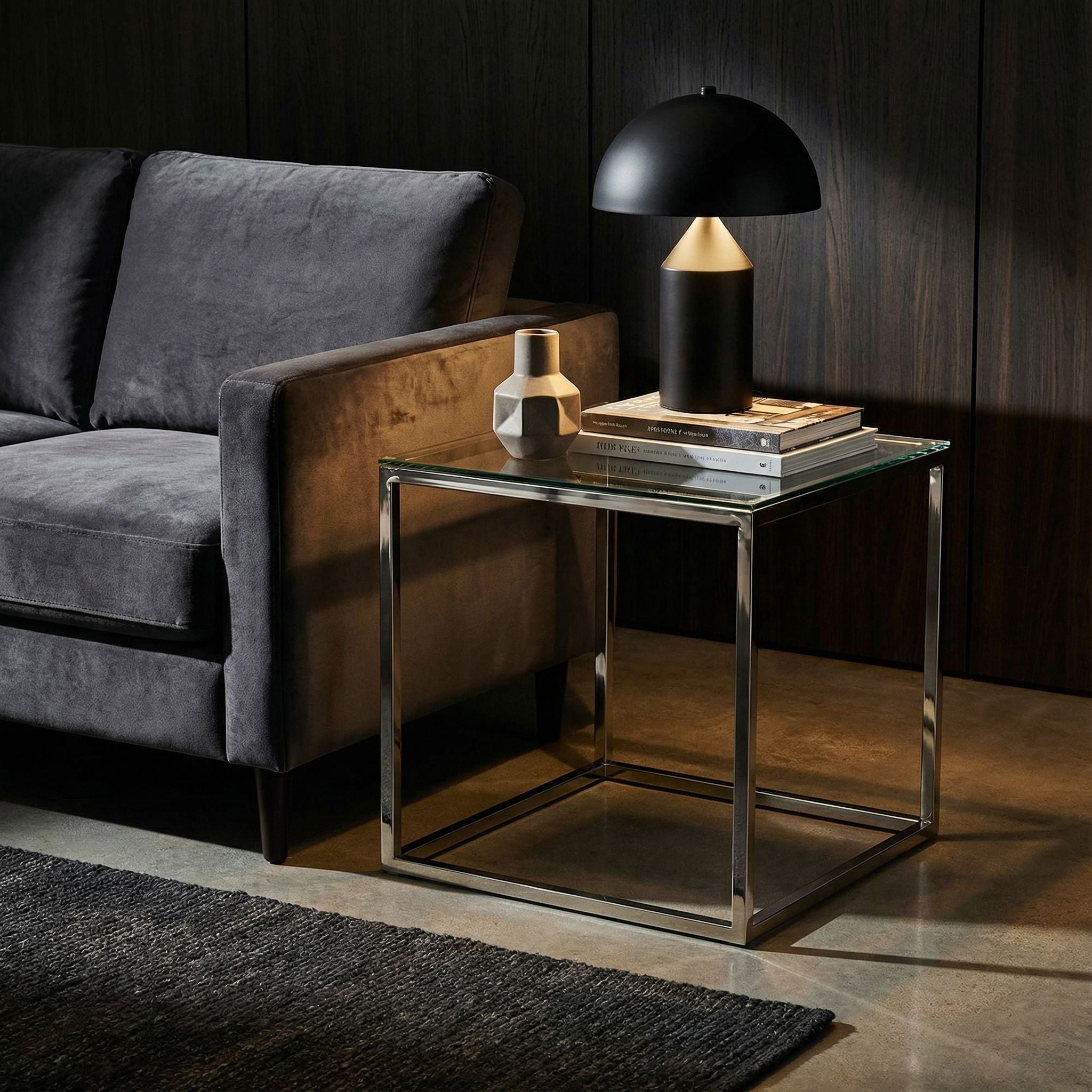 Cortesi Home Kent End Table, Stainless Steel with Glass Top, Square 22"