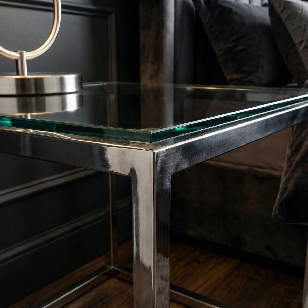 Cortesi Home Kent End Table, Stainless Steel with Glass Top, Square 22"