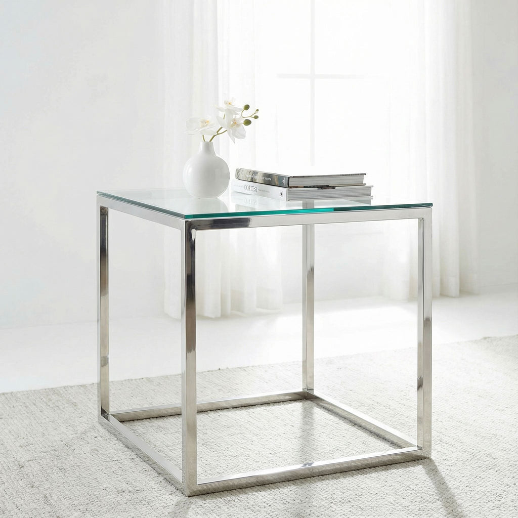 Cortesi Home Kent End Table, Stainless Steel with Glass Top, Square 22"