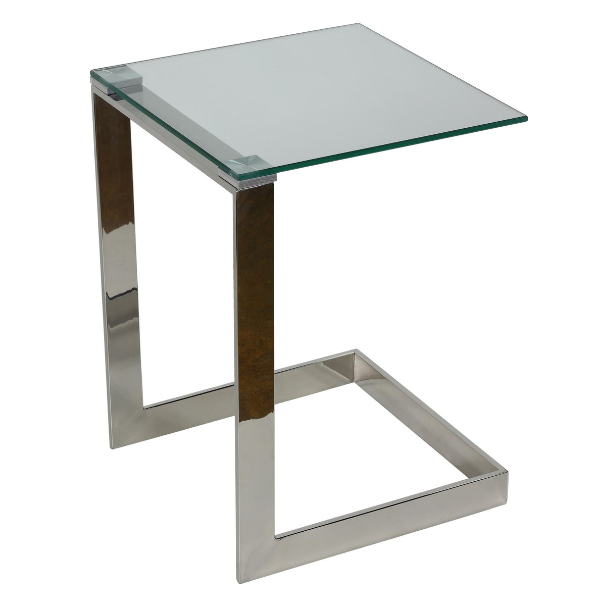 Zulu End Table, Stainless Steel with Glass Top, C Shape, 22" High