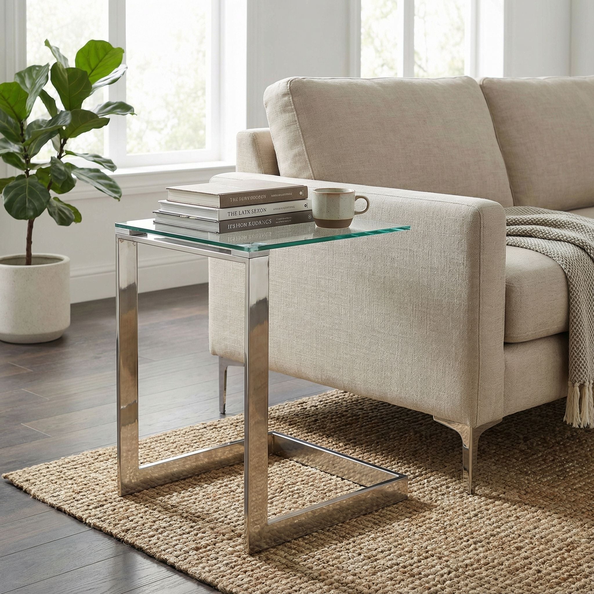 Zulu End Table, Stainless Steel with Glass Top, C Shape, 22" High