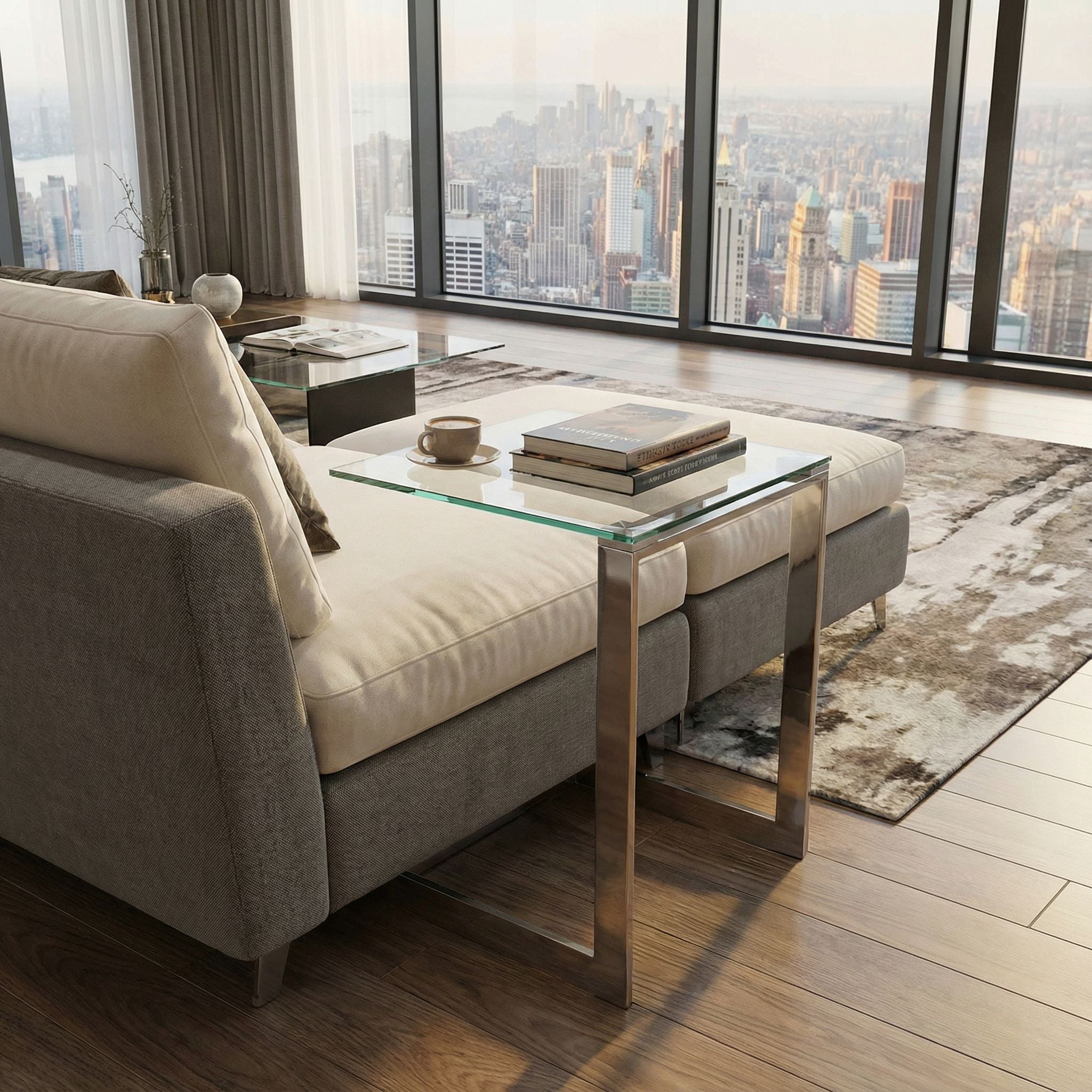 Zulu End Table, Stainless Steel with Glass Top, C Shape, 22" High
