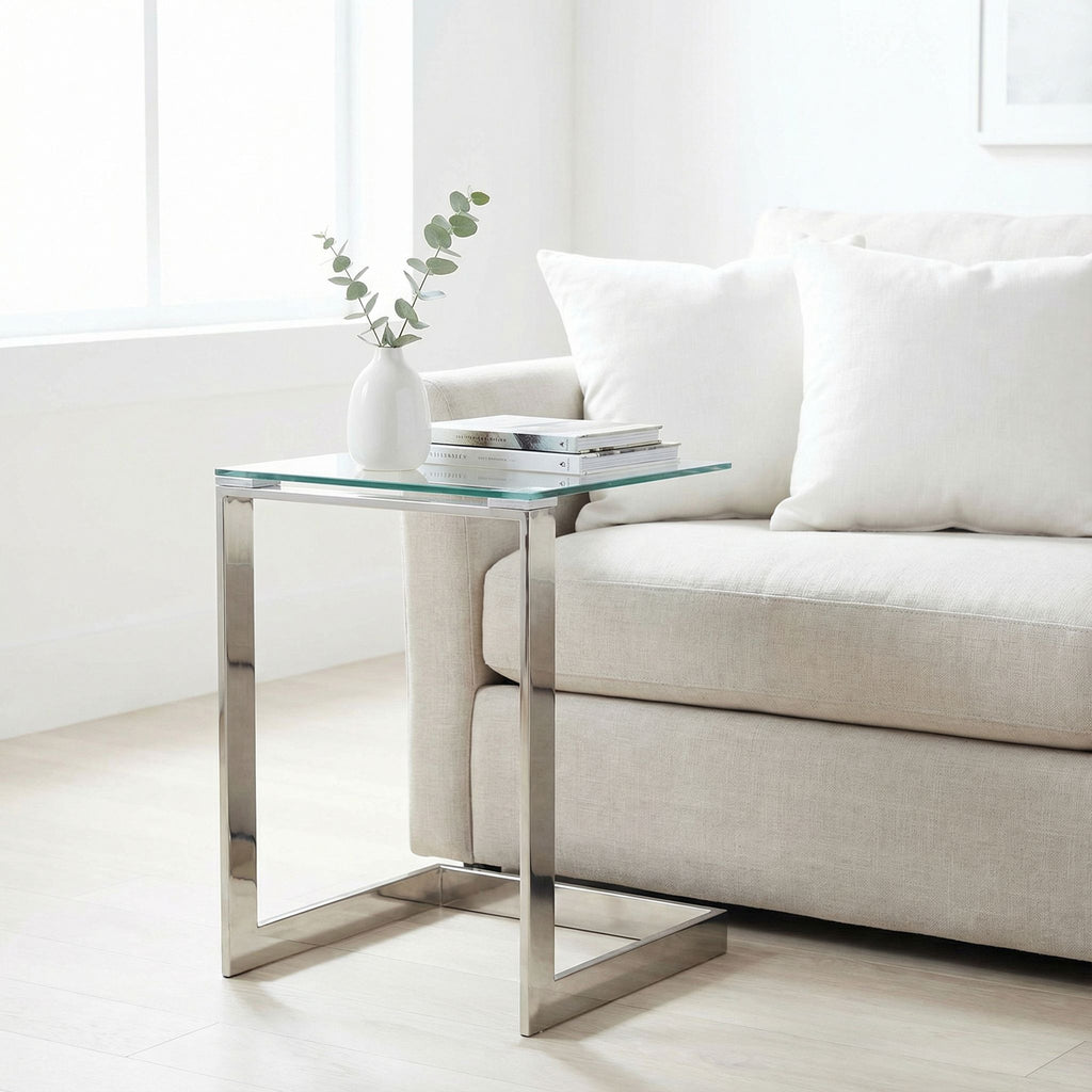 Zulu End Table, Stainless Steel with Glass Top, C Shape, 22" High