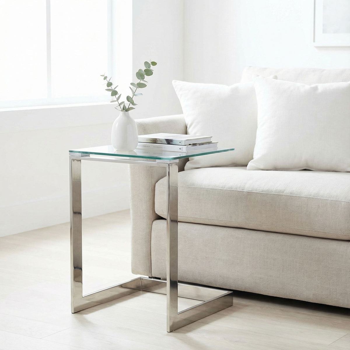 Zulu End Table, Stainless Steel with Glass Top, C Shape, 22" High