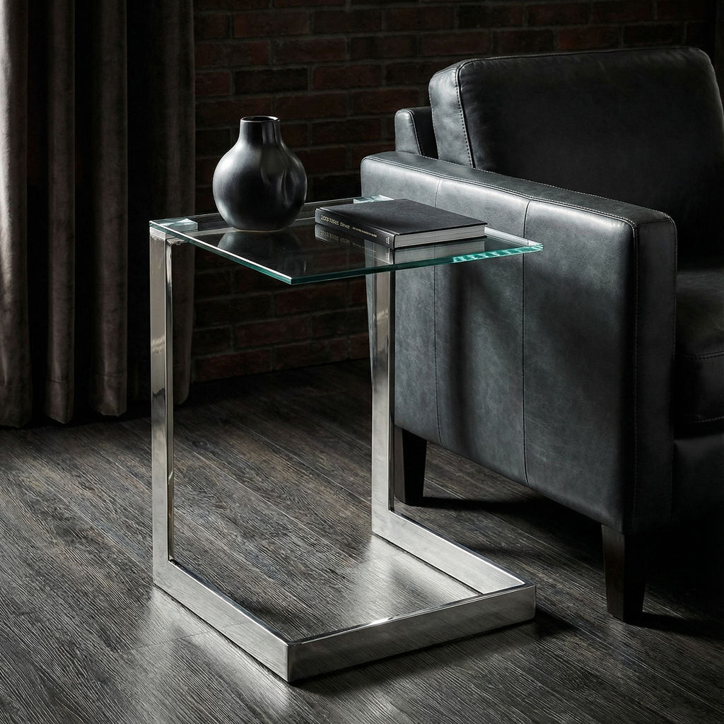 Zulu End Table, Stainless Steel with Glass Top, C Shape, 22" High