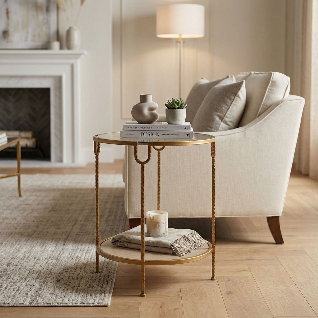 Cortesi Home Viper Accent Table,Metal End Table Round with Glass Shelf, Gold