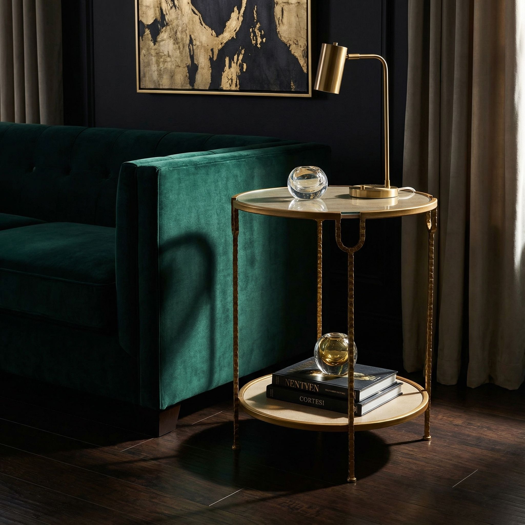 Cortesi Home Viper Accent Table,Metal End Table Round with Glass Shelf, Gold