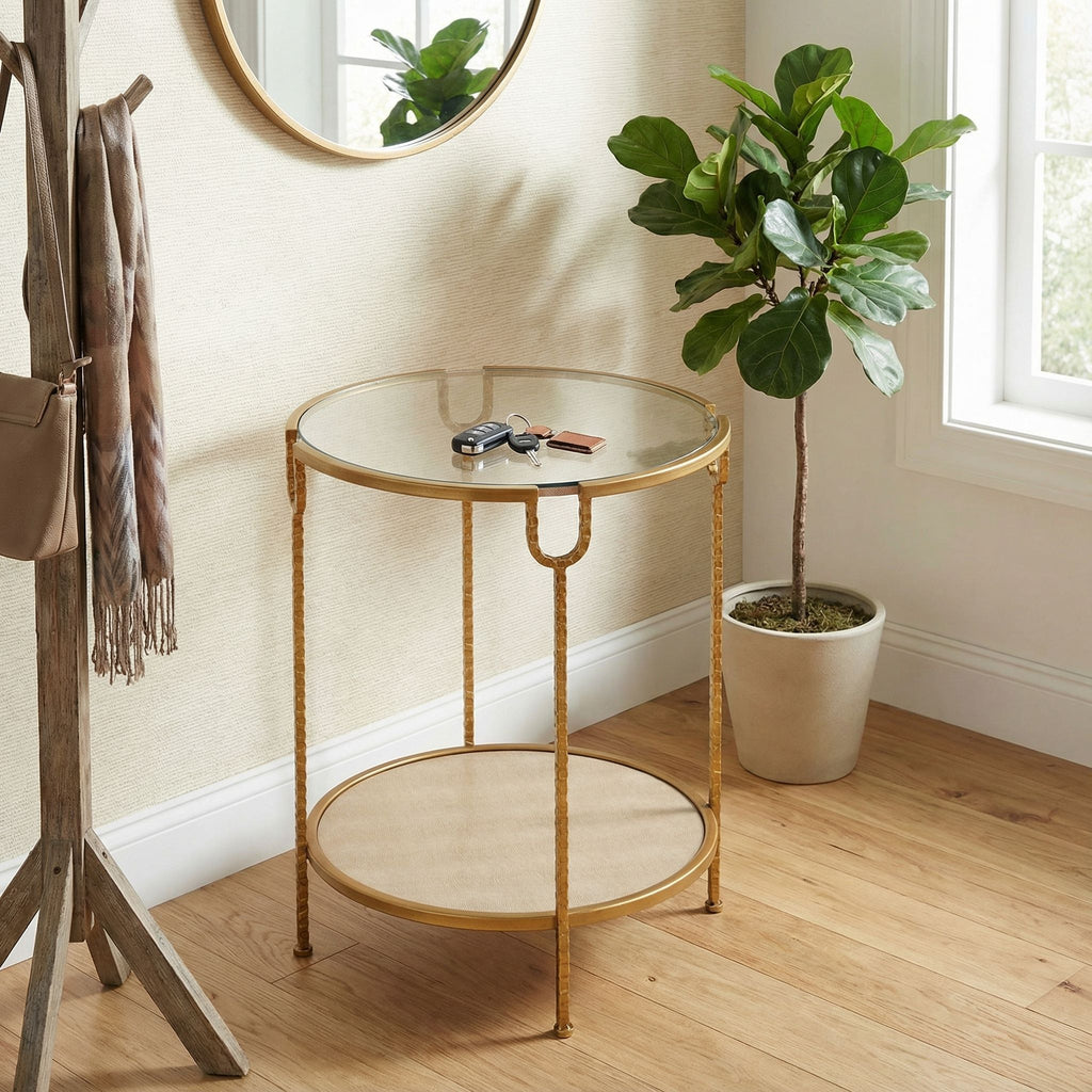 Cortesi Home Viper Accent Table,Metal End Table Round with Glass Shelf, Gold
