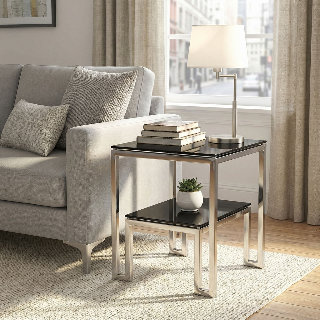 Cortesi Home Adina Contemporary Two Tier Black Glass End Table