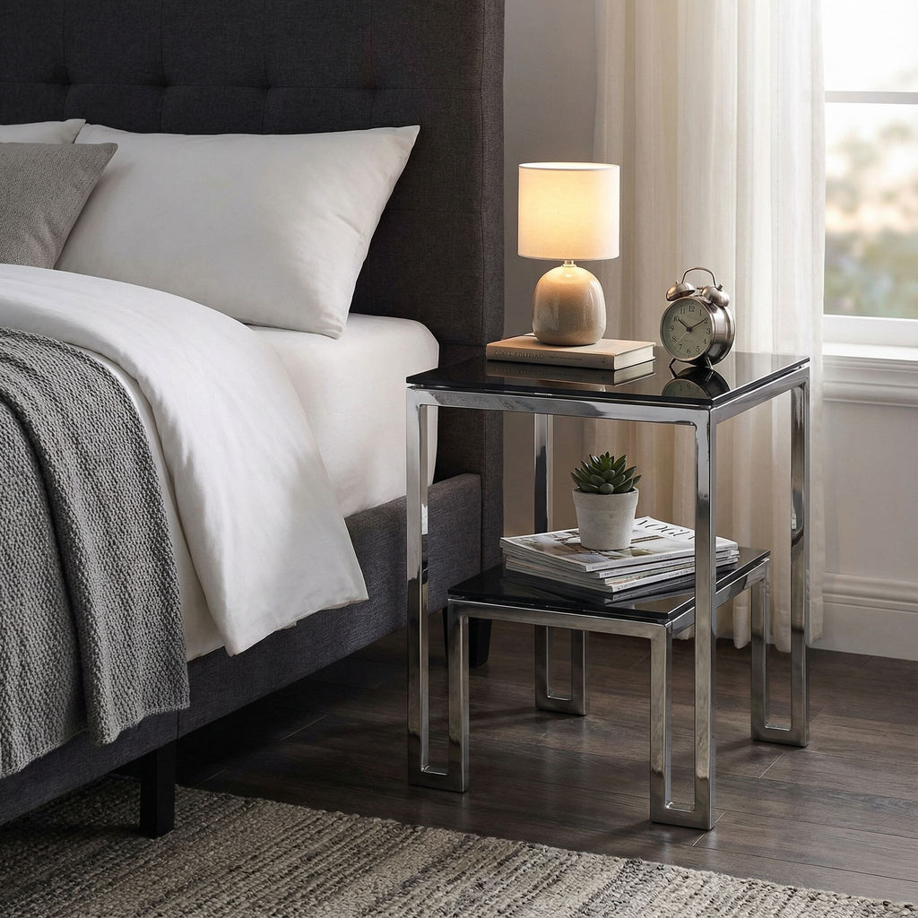 Cortesi Home Adina Contemporary Two Tier Black Glass End Table