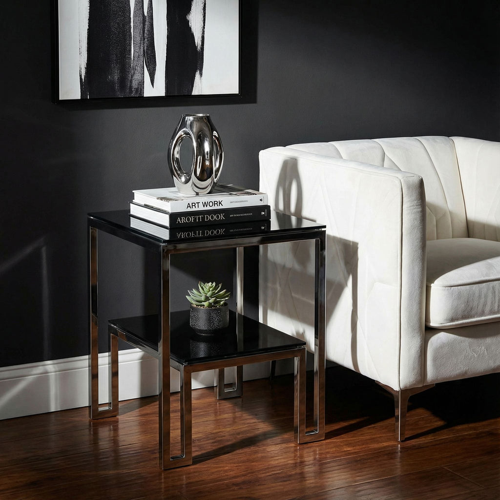 Cortesi Home Adina Contemporary Two Tier Black Glass End Table