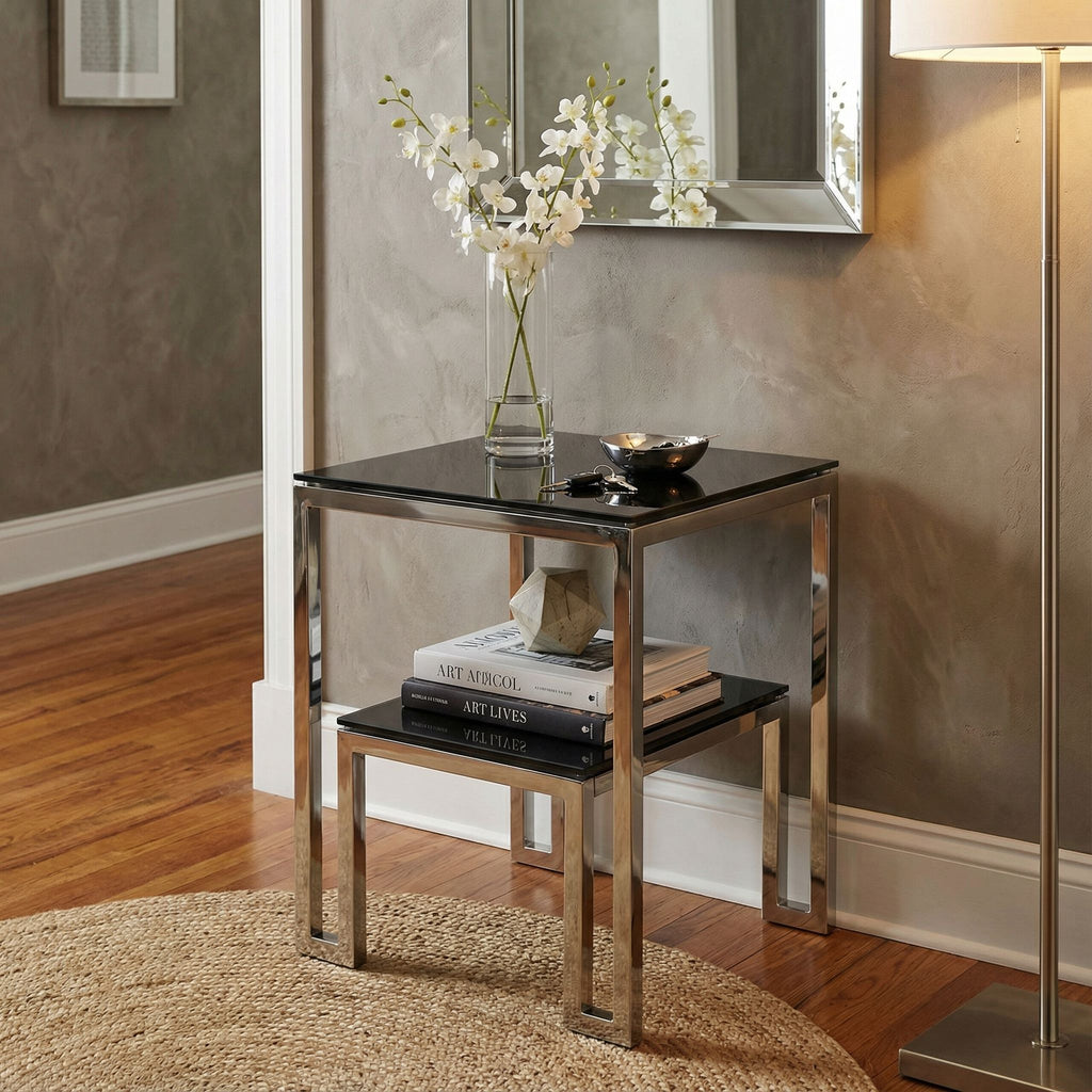 Cortesi Home Adina Contemporary Two Tier Black Glass End Table