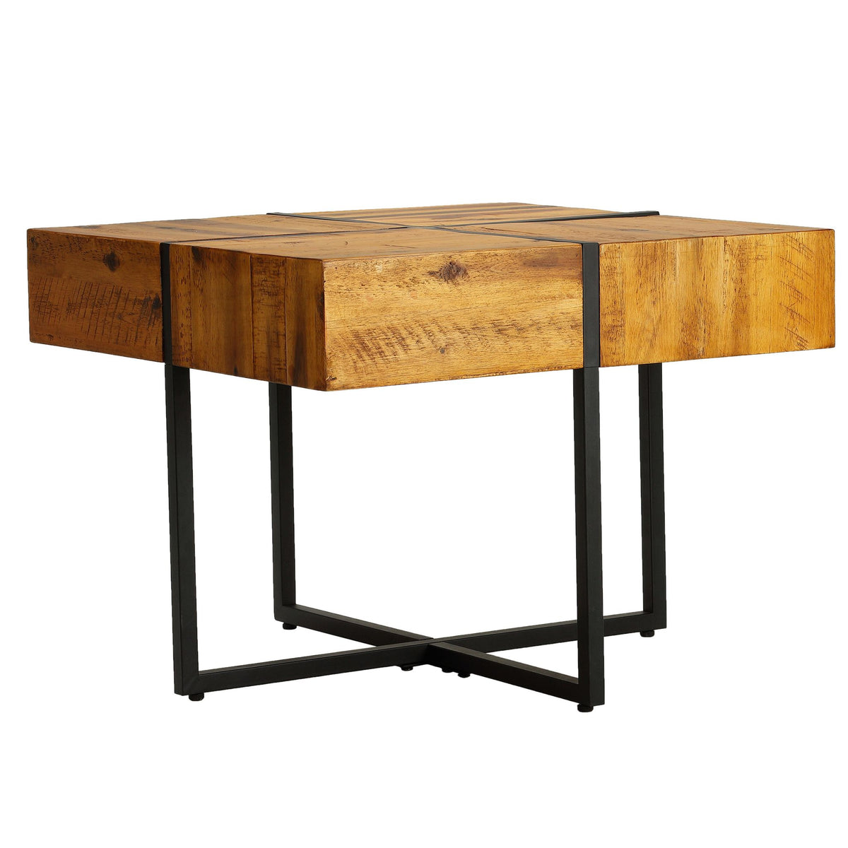 Landon End Table, Solid Wood with Black Metal Frame