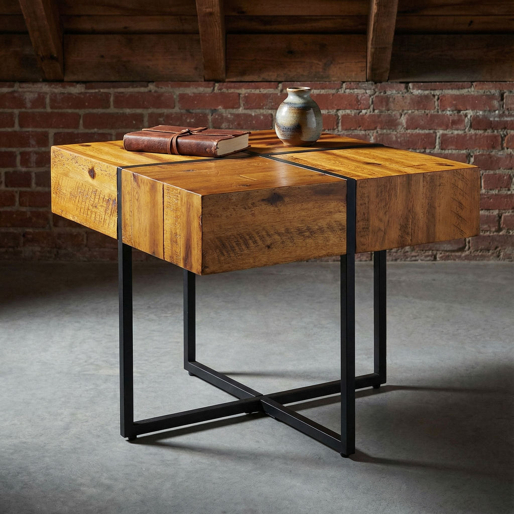 Landon End Table, Solid Wood with Black Metal Frame