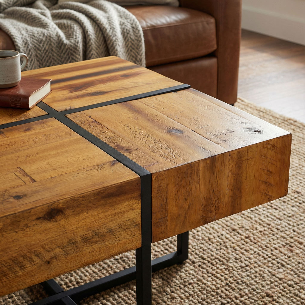 Landon End Table, Solid Wood with Black Metal Frame