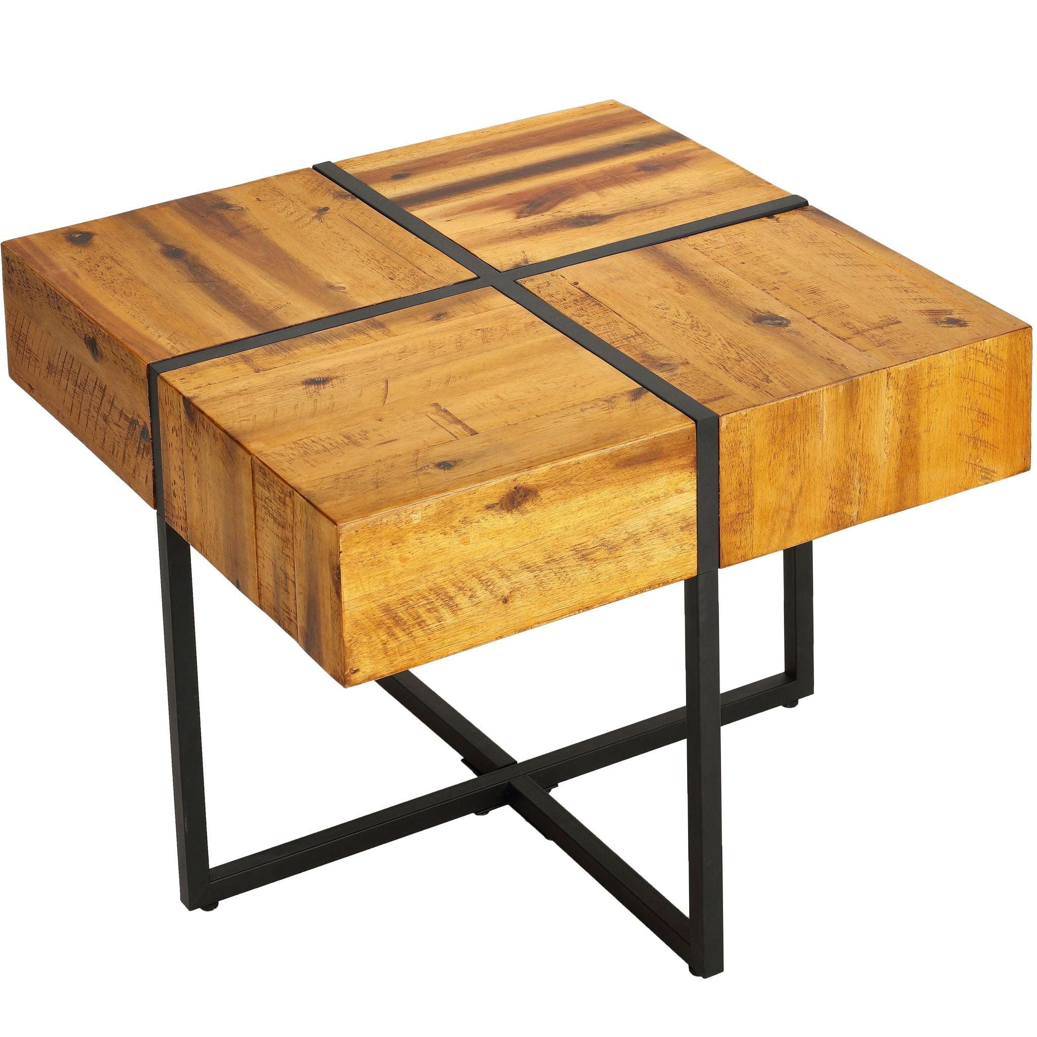 Landon End Table, Solid Wood with Black Metal Frame