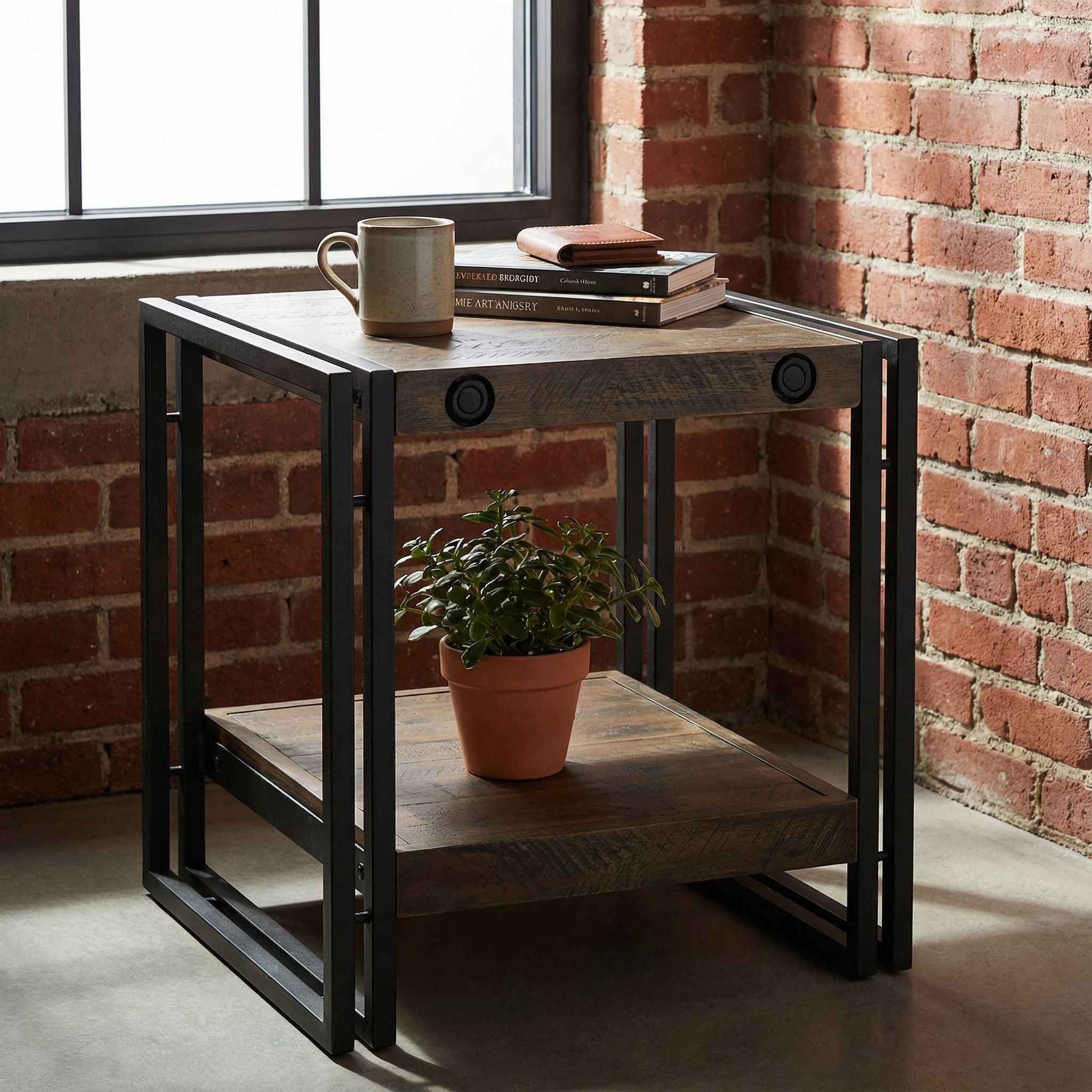 Penni End Table, Solid Wood with Black Metal Frame, Dark Grey