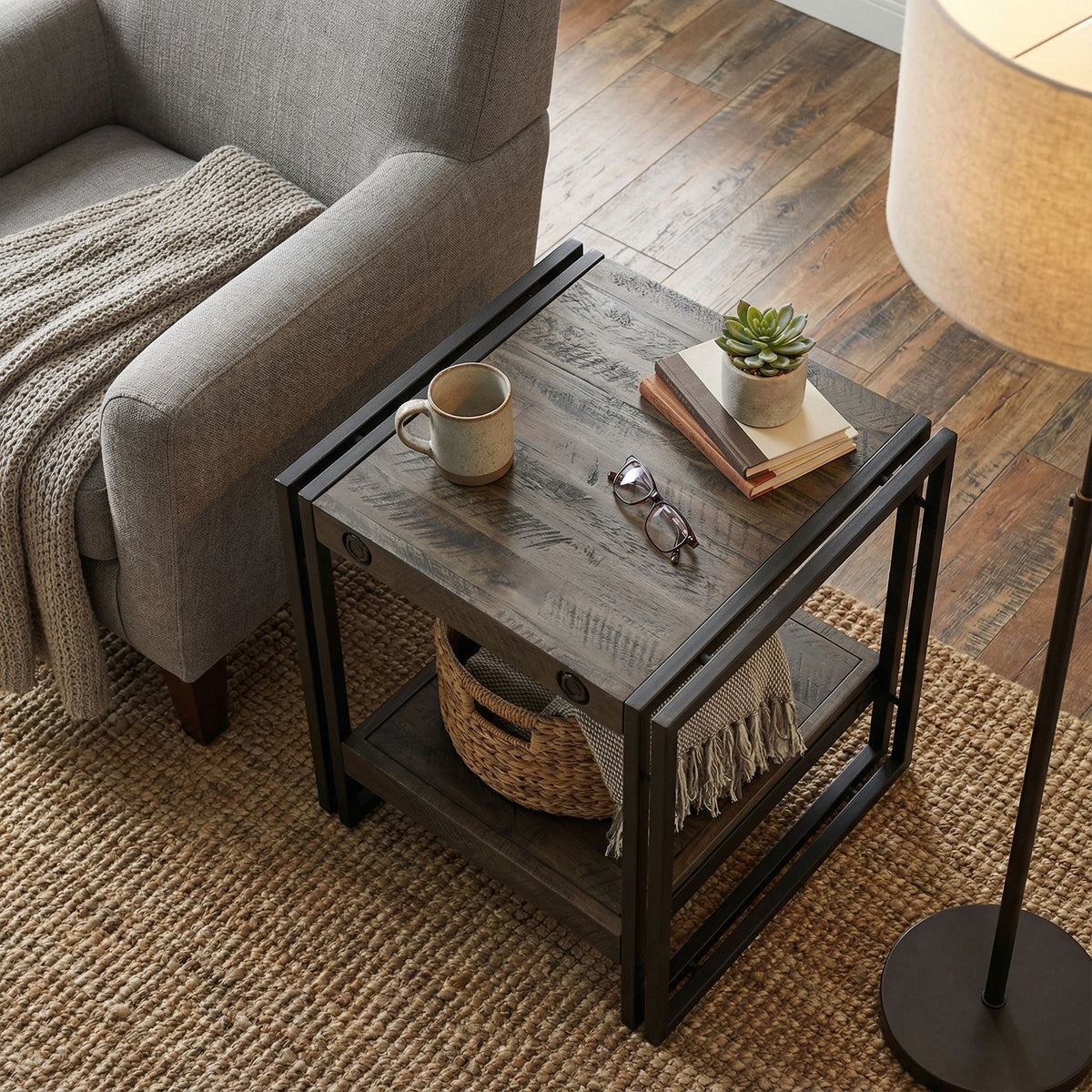 Penni End Table, Solid Wood with Black Metal Frame, Dark Grey