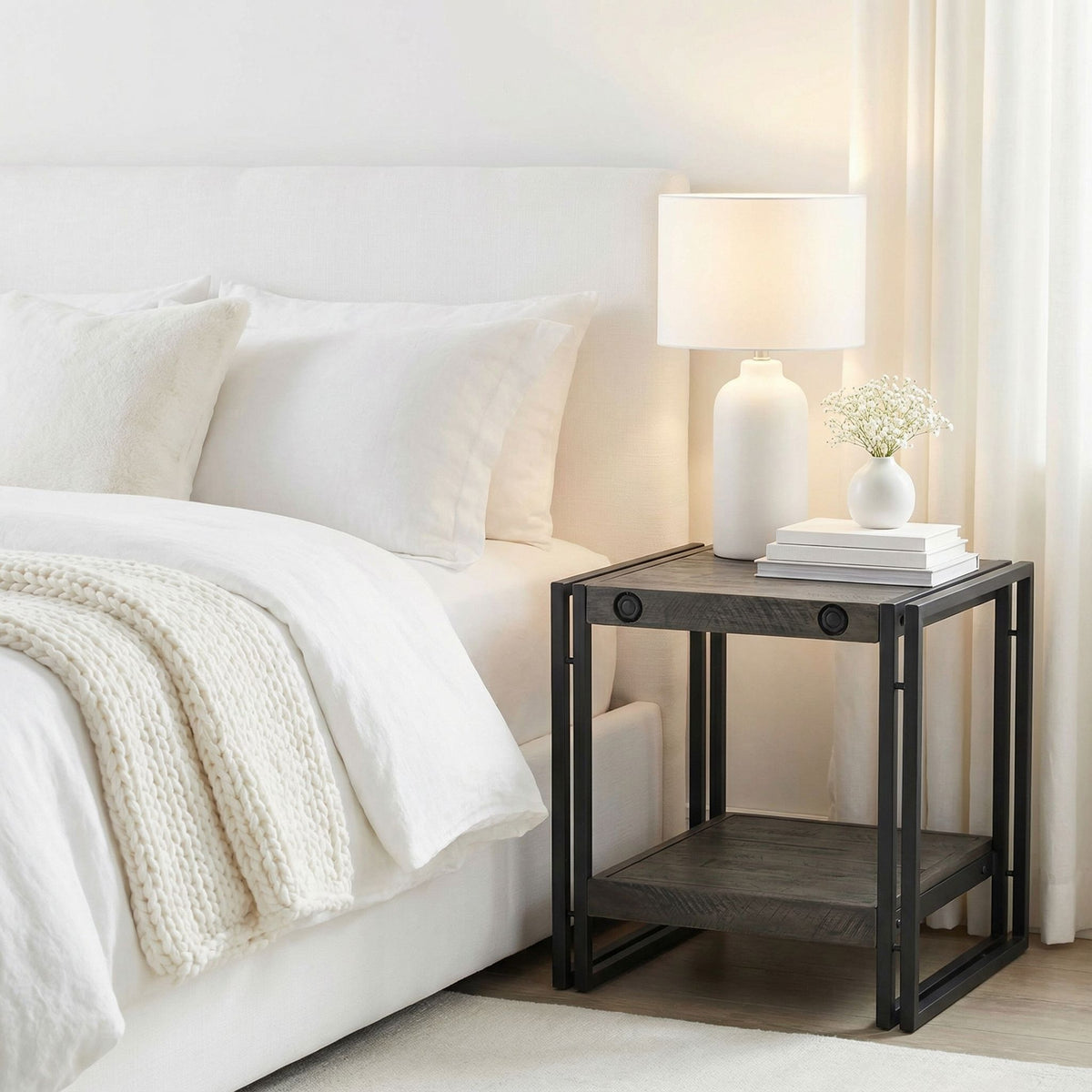 Penni End Table, Solid Wood with Black Metal Frame, Dark Grey