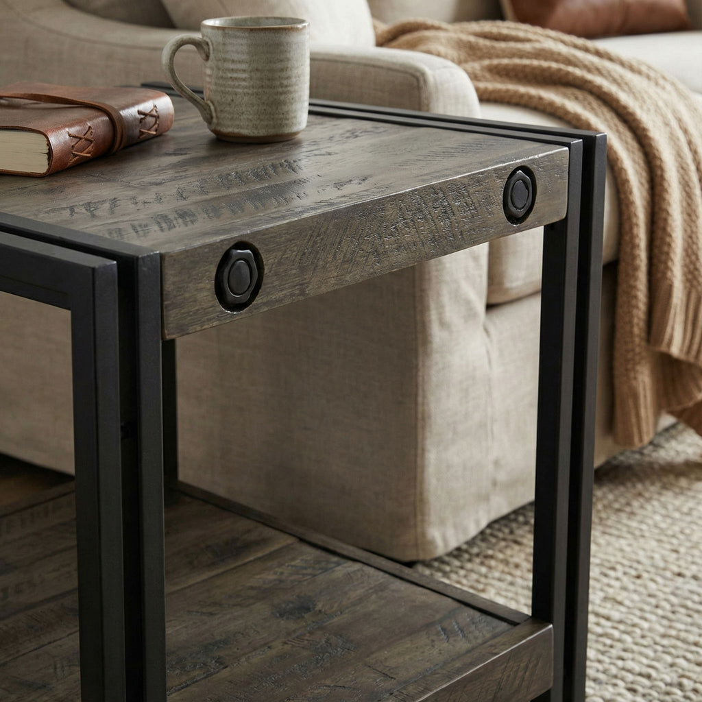 Penni End Table, Solid Wood with Black Metal Frame, Dark Grey