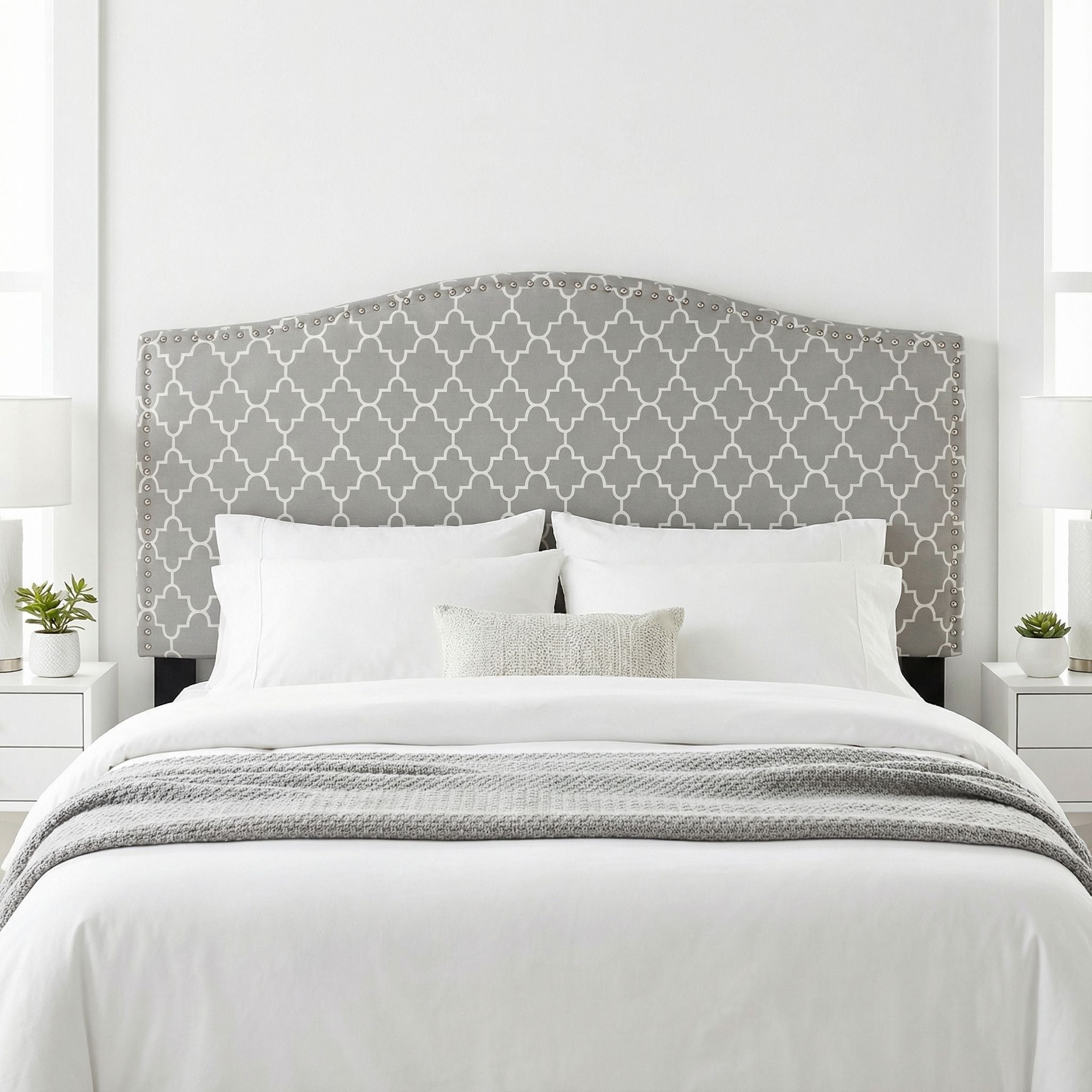 Lena Upholstered Queen Headboard with Nailhead Trim, Grey