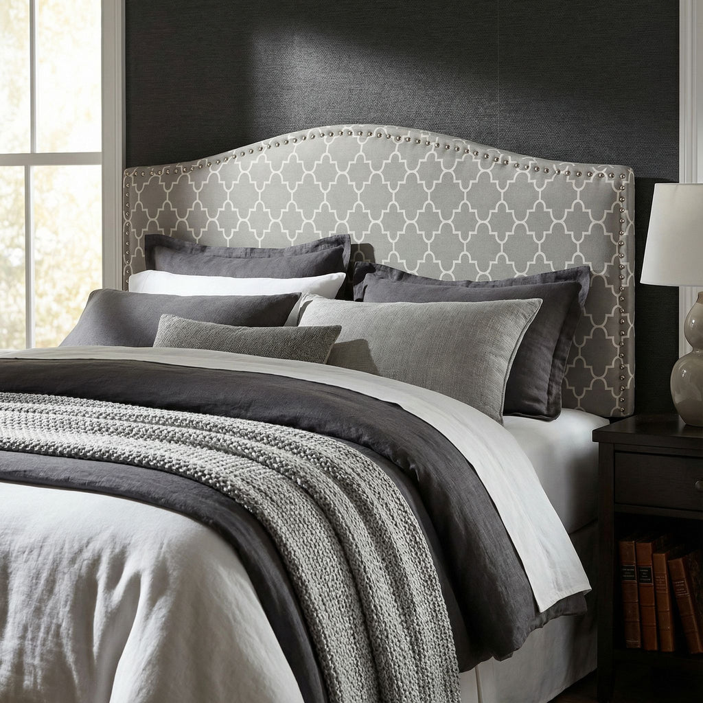 Lena Upholstered Queen Headboard with Nailhead Trim, Grey