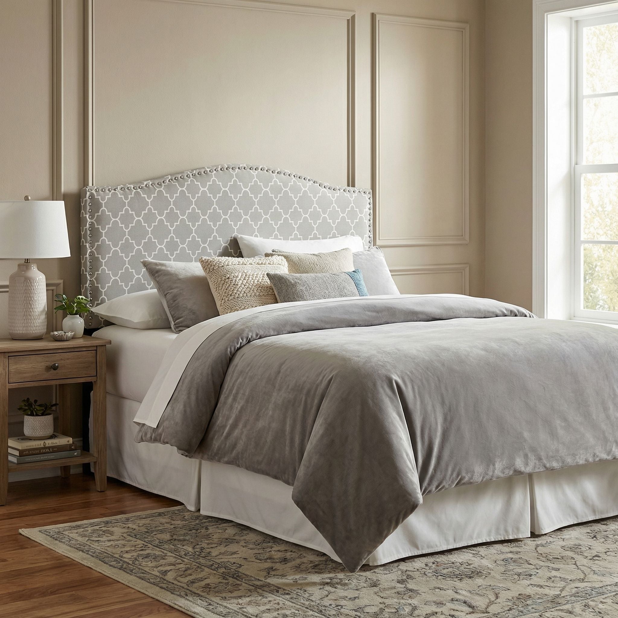 Lena Upholstered Queen Headboard with Nailhead Trim, Grey