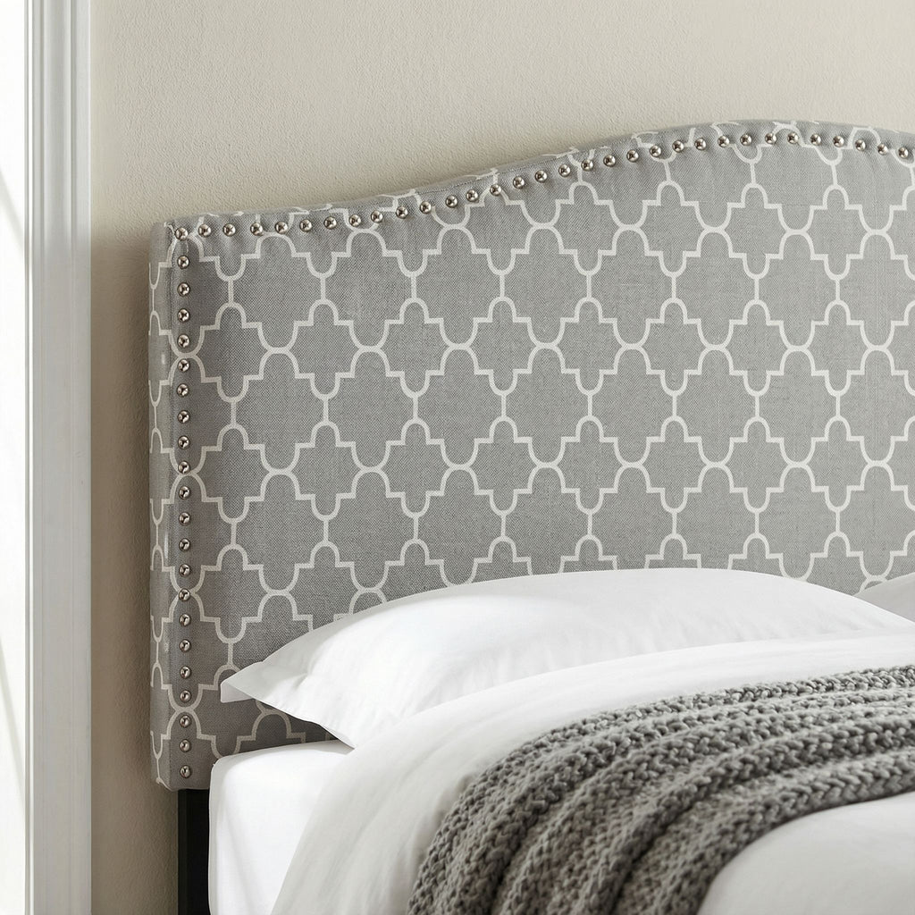 Lena Upholstered Queen Headboard with Nailhead Trim, Grey