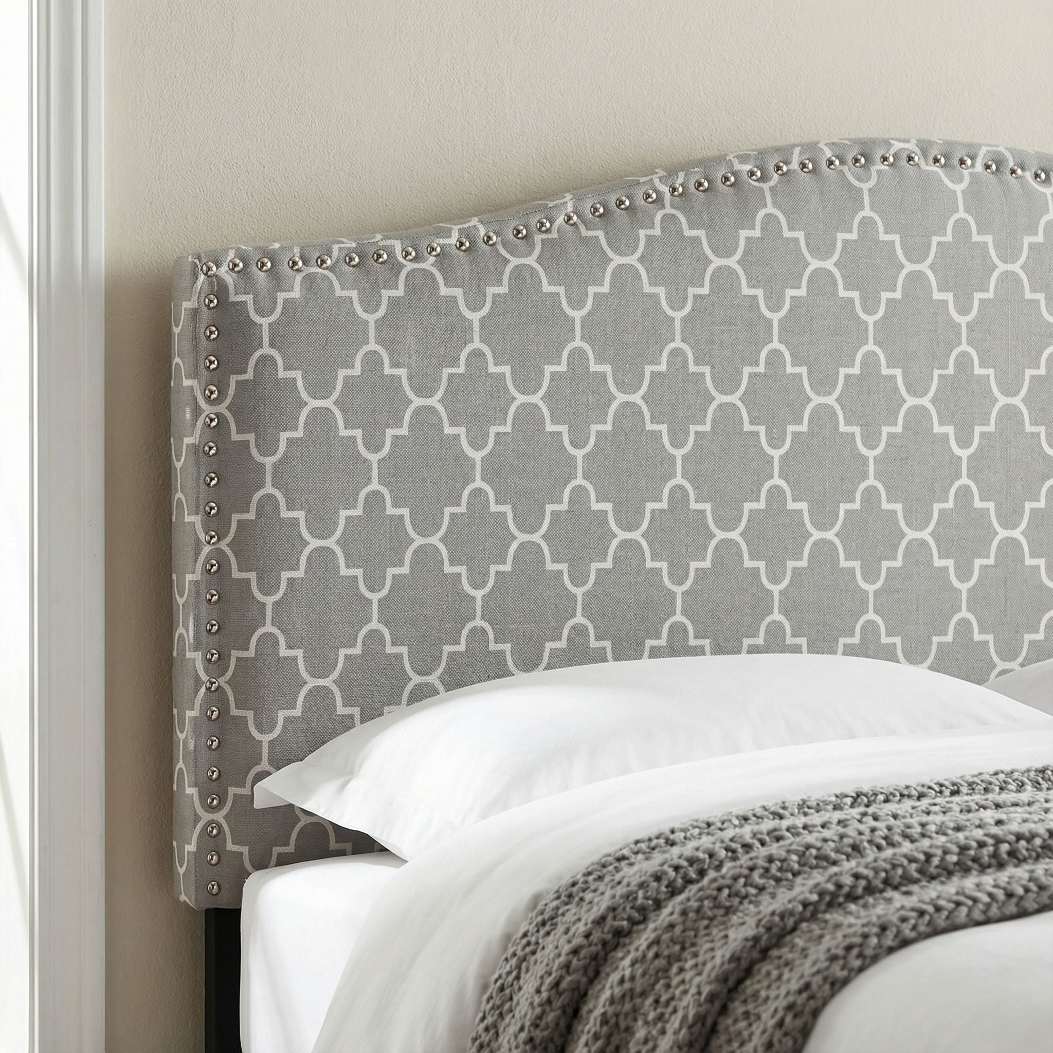Lena Upholstered Queen Headboard with Nailhead Trim, Grey