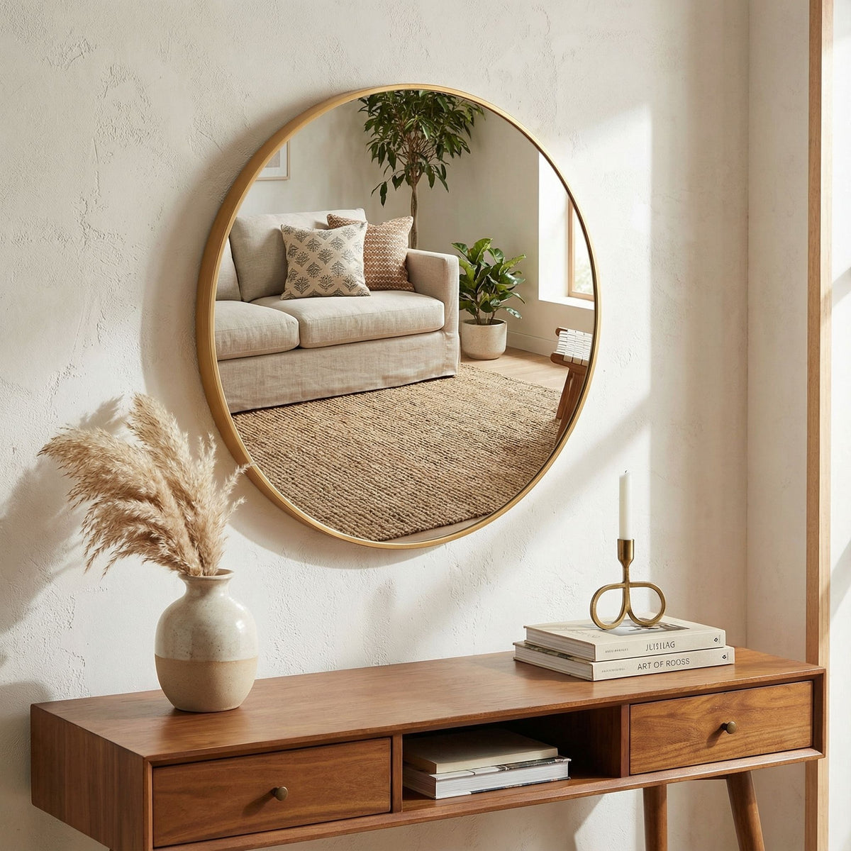 Opra Mirror, Round 24" with Brushed Gold Metal Frame