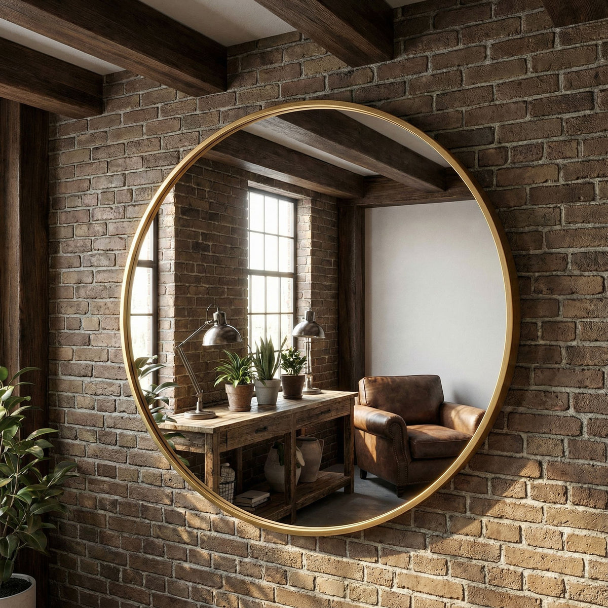 Opra Mirror, Round 24" with Brushed Gold Metal Frame