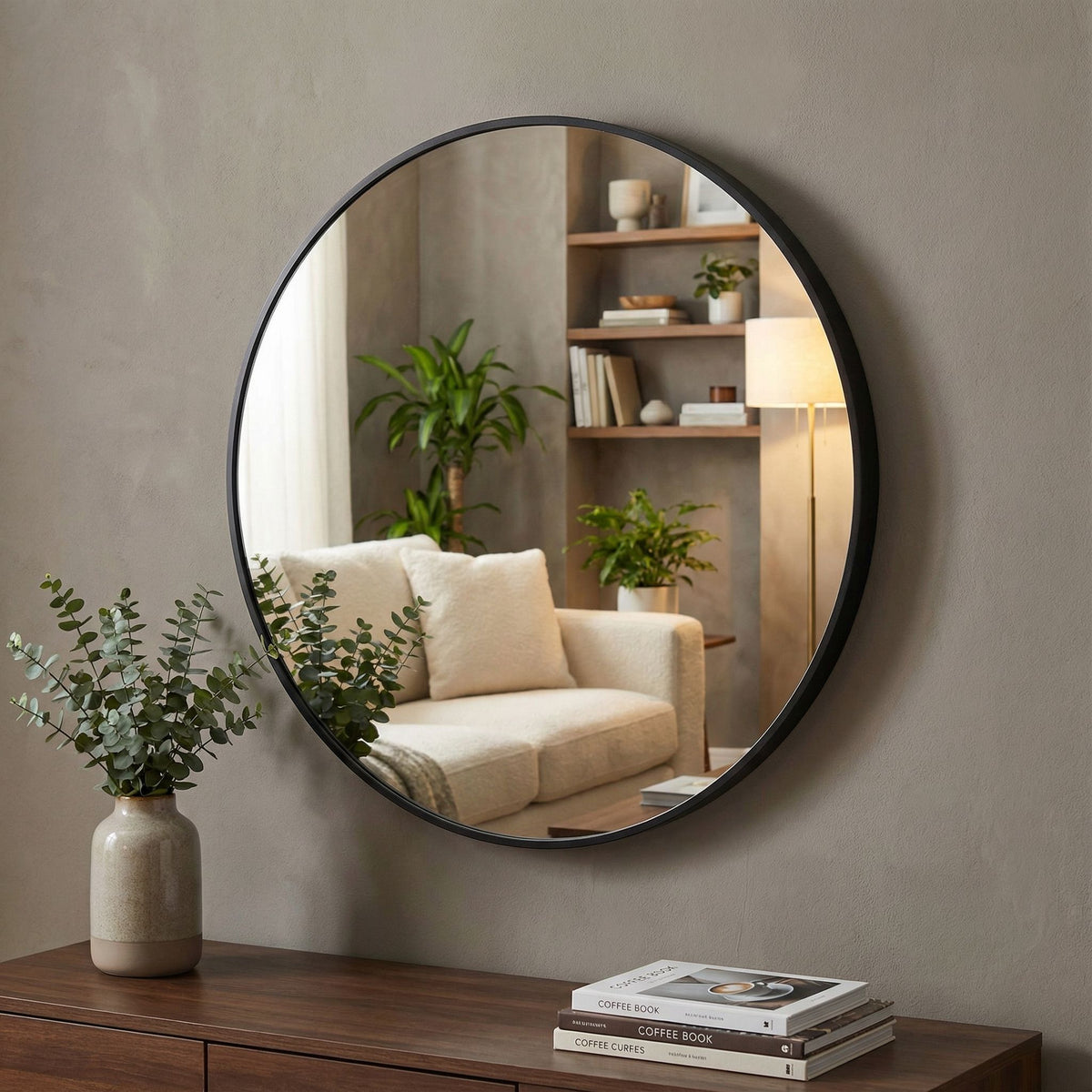 Opra Mirror, Round 24" with Brushed Black Metal Frame
