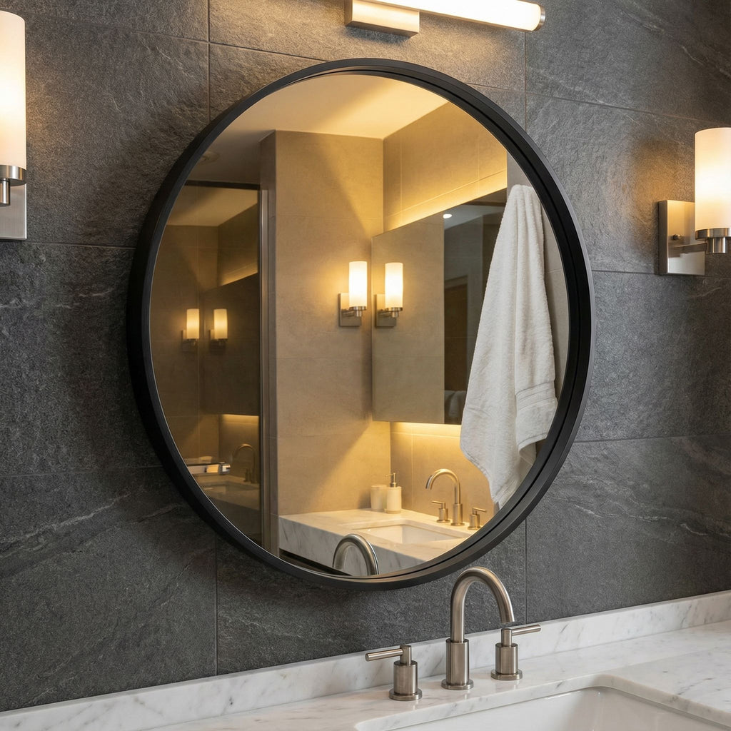 Opra Mirror, Round 24" with Brushed Black Metal Frame